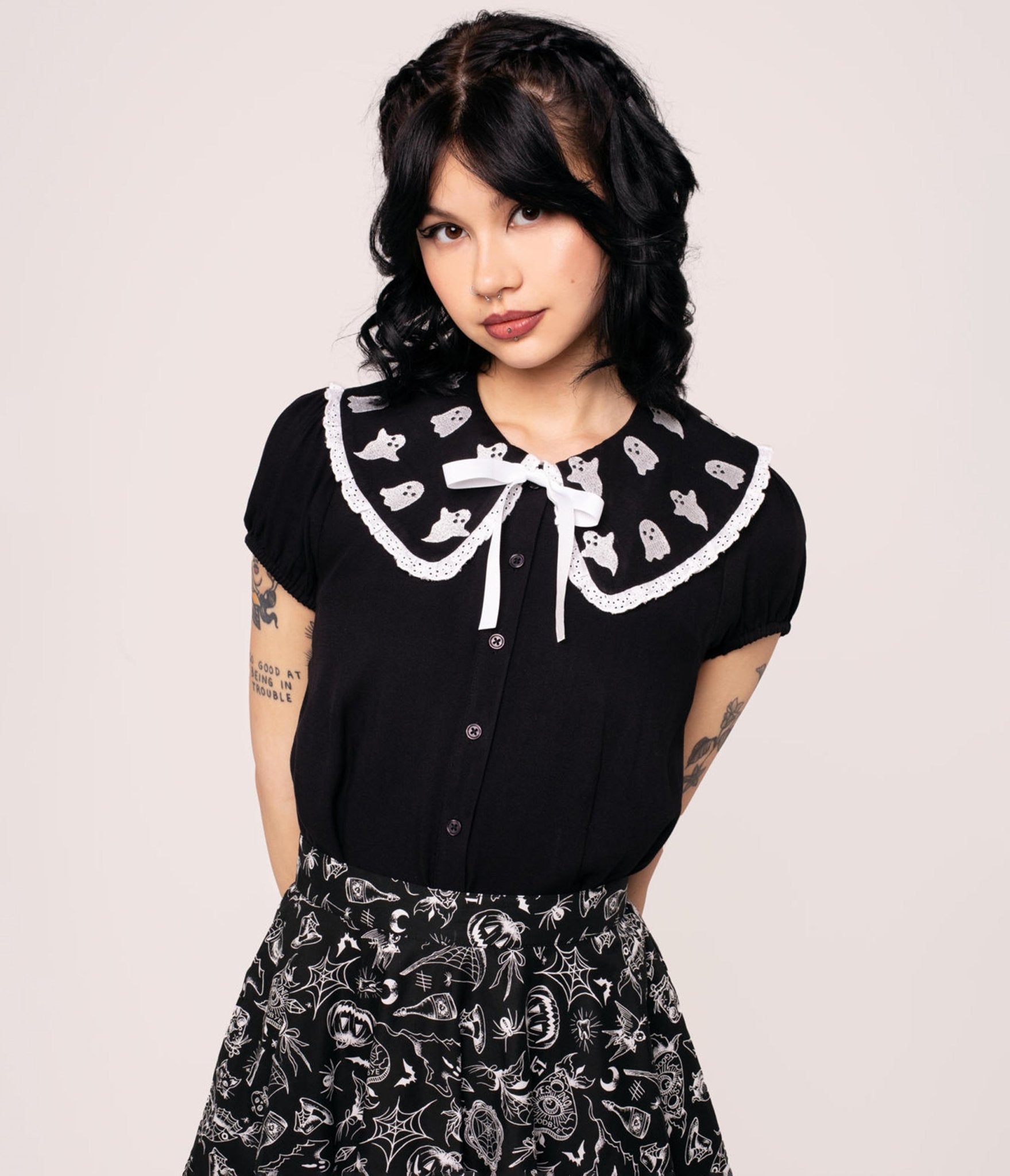 Hell Bunny Ghost Embroidered Collared Blouse - Unique Vintage - Womens, TOPS, WOVEN TOPS