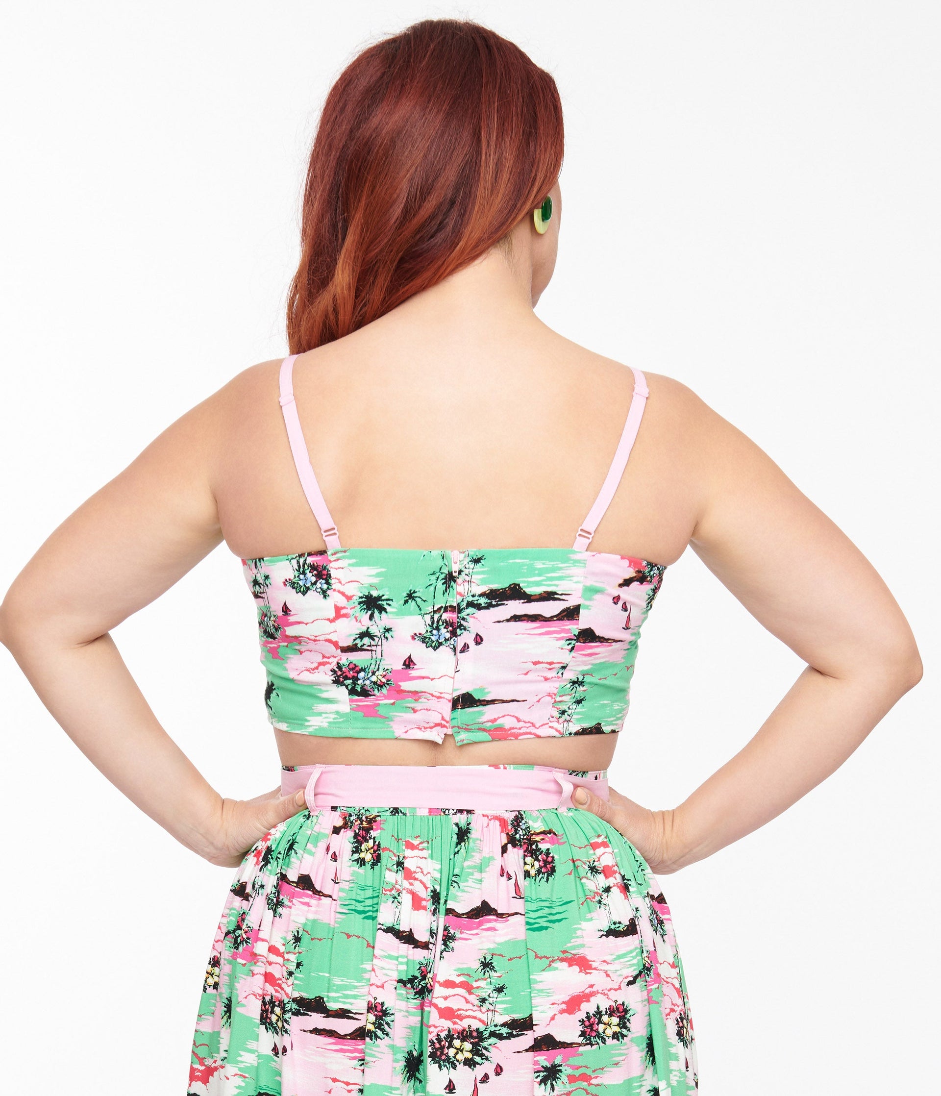 Hell Bunny Pink & Green Tropical Print Crop Top - Unique Vintage - Womens, TOPS, WOVEN TOPS