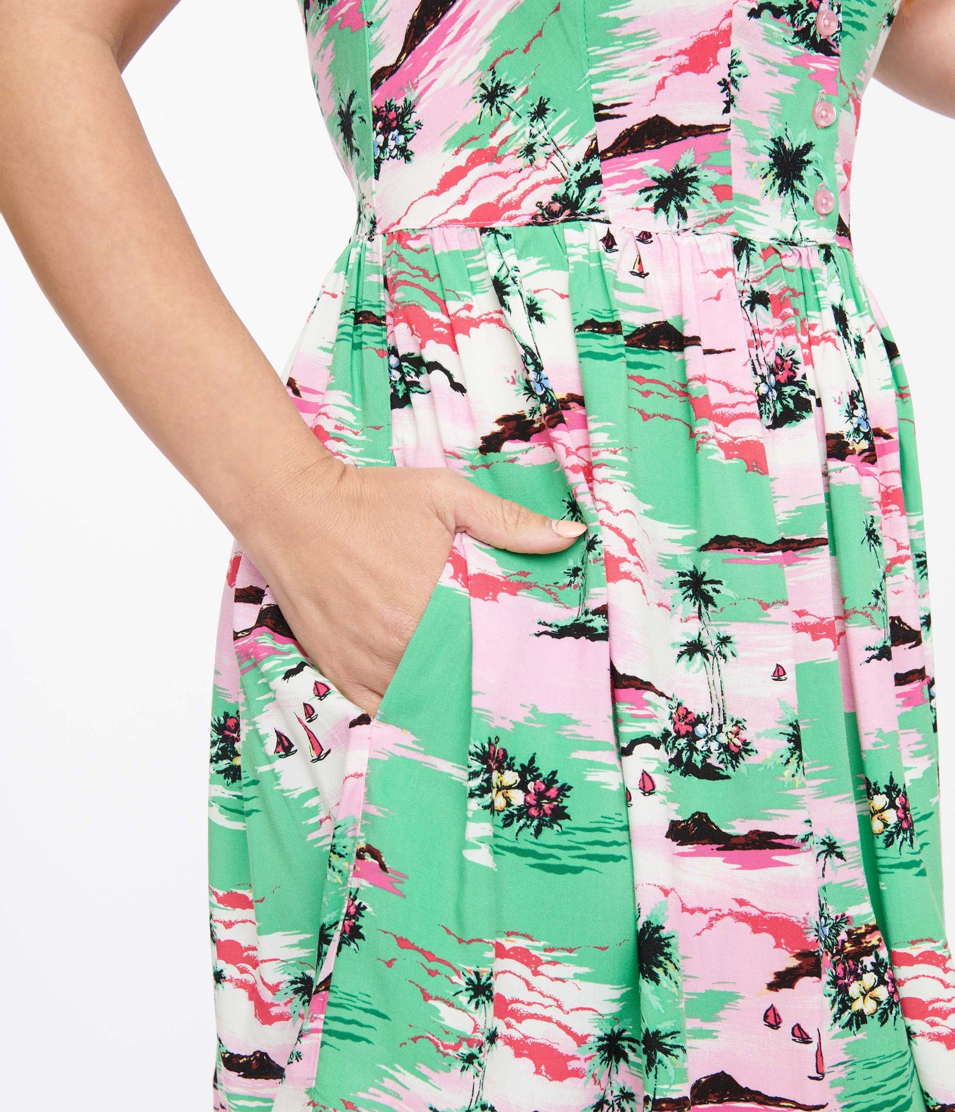 Hell Bunny Pink & Green Tropical Print Mini Dress - Unique Vintage - Womens, DRESSES, FIT AND FLARE