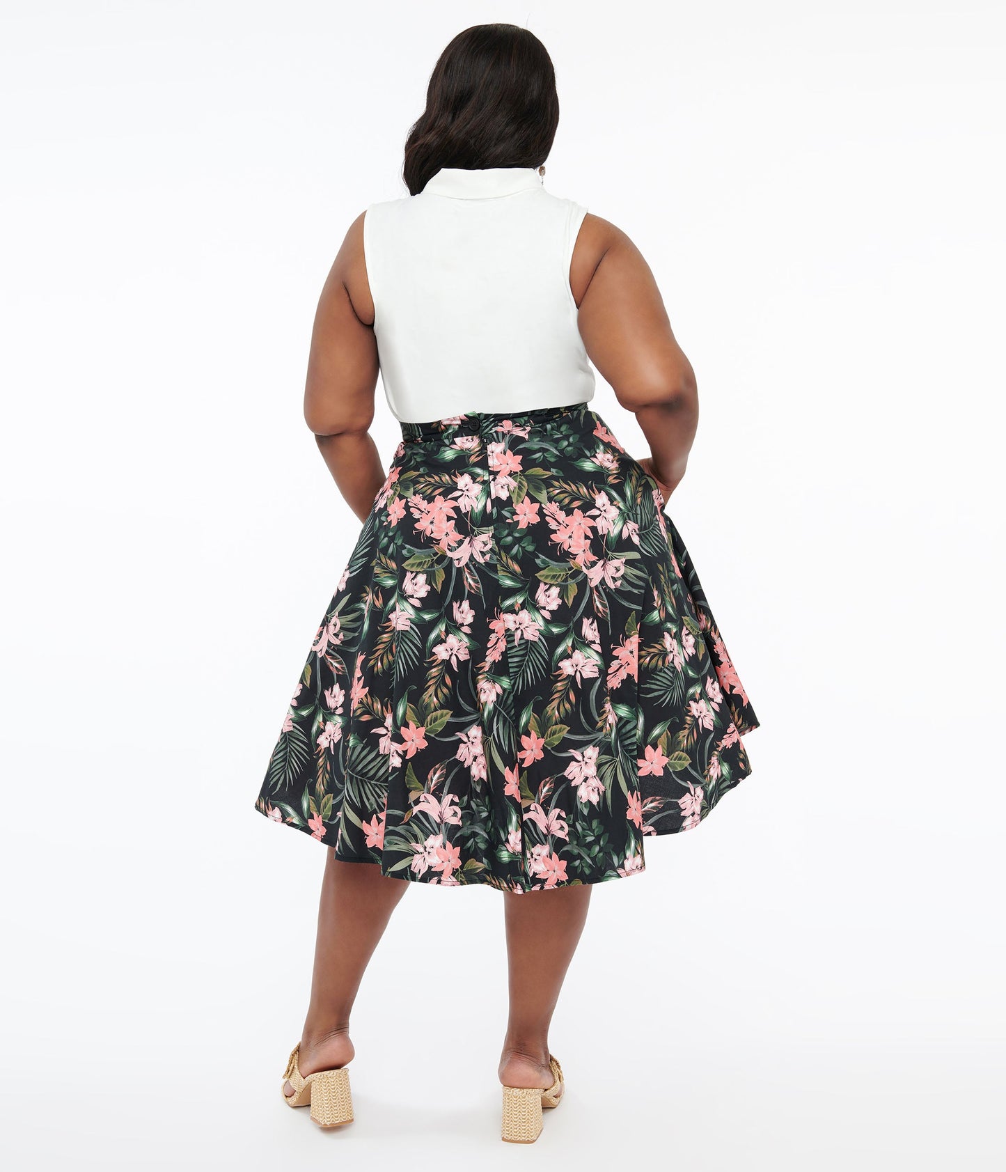 Hell Bunny Plus Size 1950s Black & Pink Tropical Floral Print Cotton Calypso Swing Skirt - Unique Vintage - Womens, BOTTOMS, SKIRTS