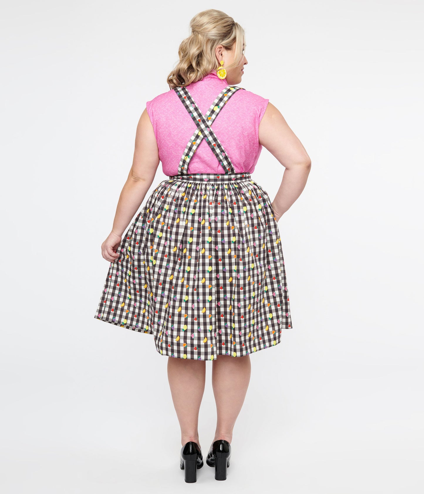 Hell Bunny Plus Size 1950s Black & White Gingham & Fruit Cotton Pinafore Swing Skirt - Unique Vintage - Womens, BOTTOMS, SKIRTS