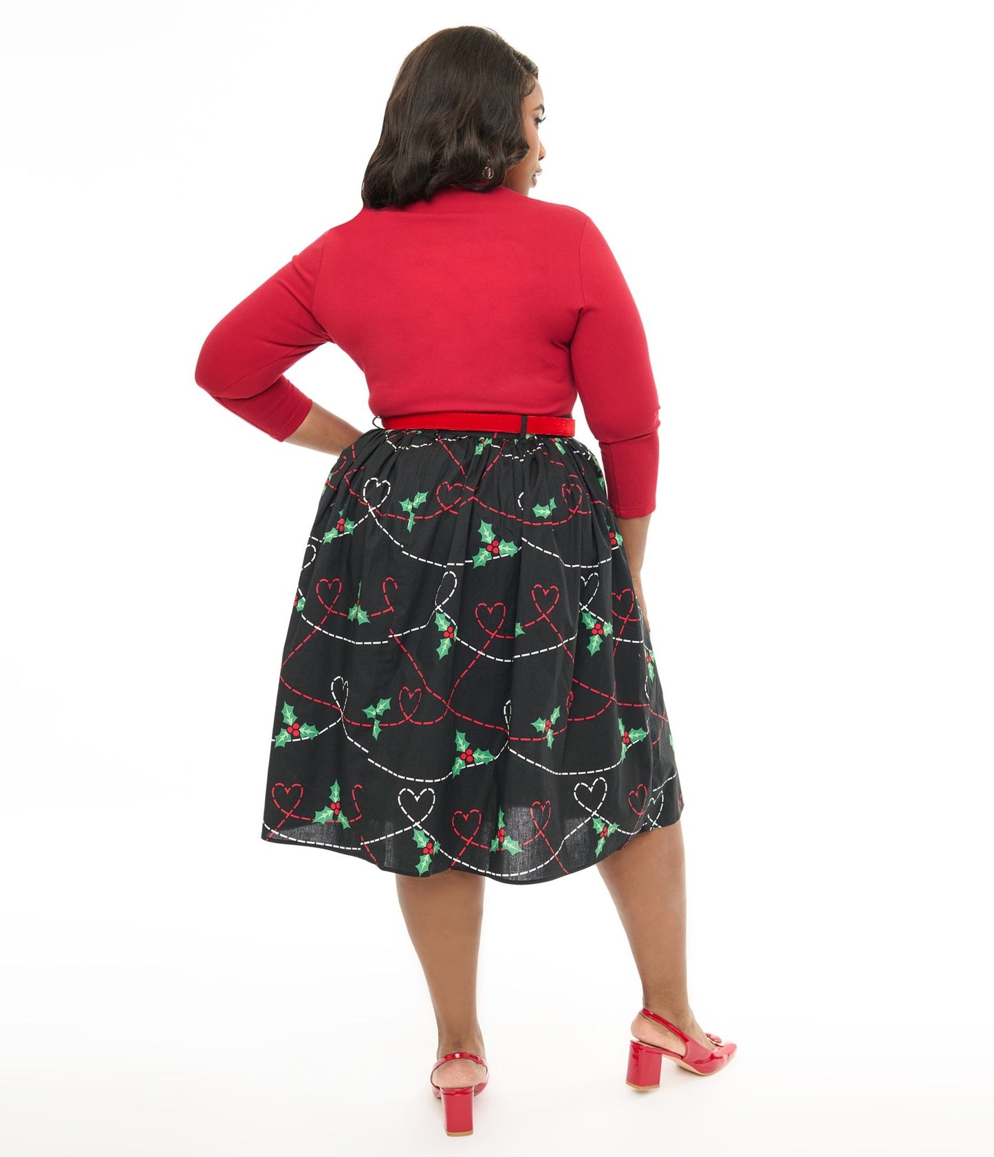 Hell Bunny Plus Size 1950s Festive Hearts & Holly Print Angelica Swing Skirt - Unique Vintage - Womens, BOTTOMS, SKIRTS