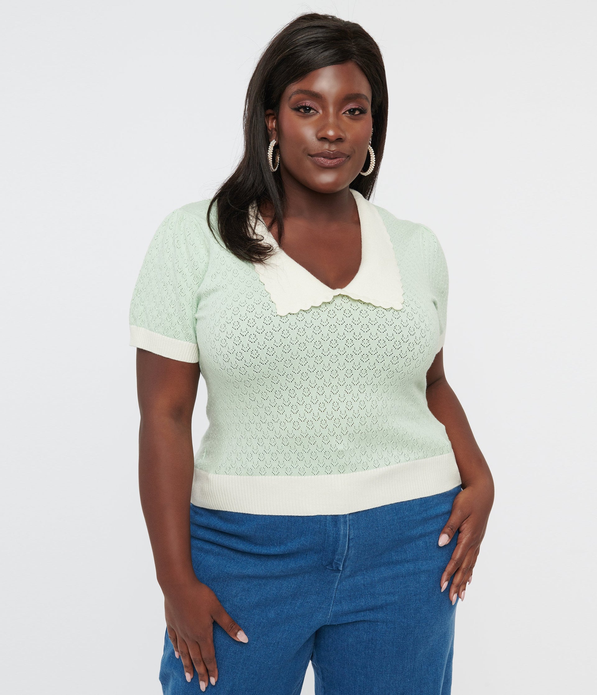 Hell Bunny Plus Size 1950s Mint Green Jacquard Joanie Top - Unique Vintage - Womens, TOPS, WOVEN TOPS