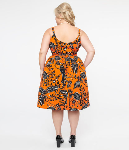 Hell Bunny Plus Size 1950s Orange & Black Parrot Print Rio Swing Dress - Unique Vintage - Womens, DRESSES, SWING