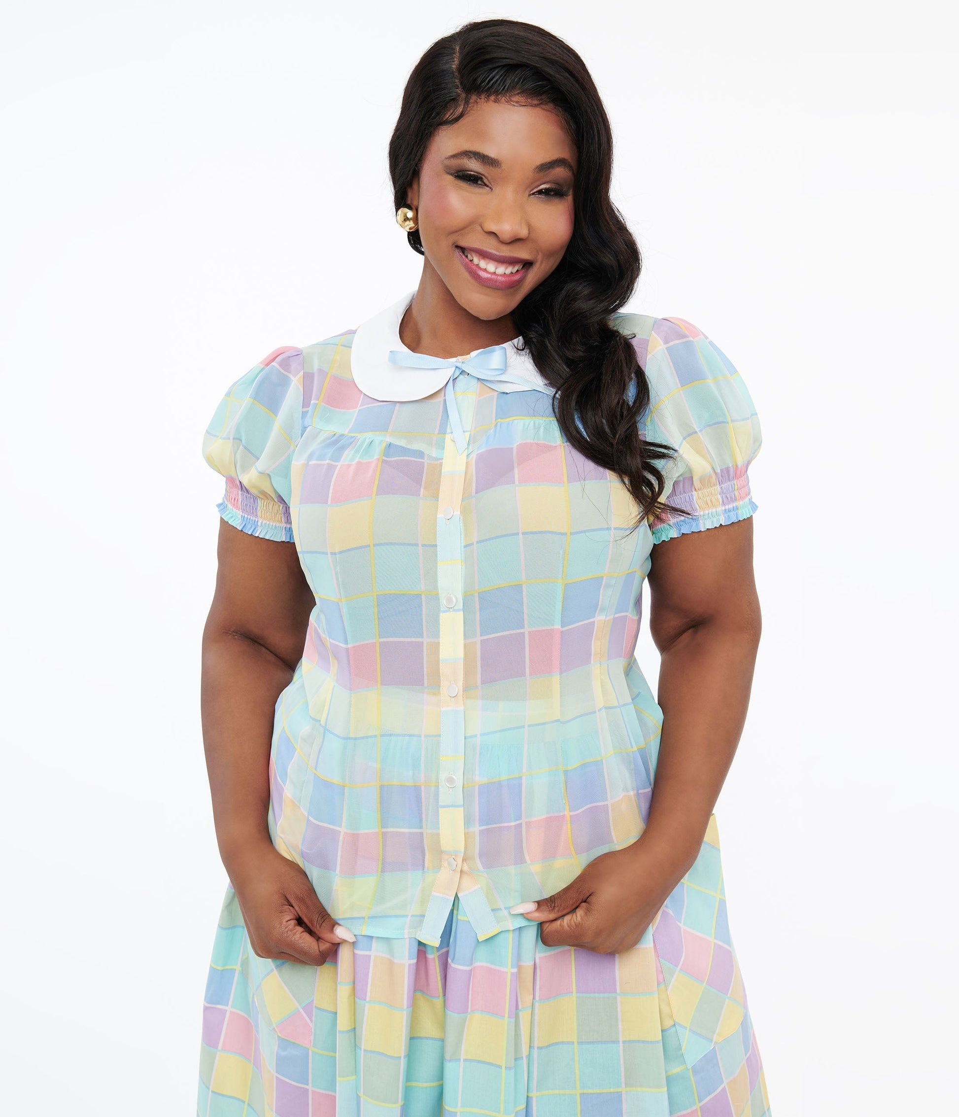 Hell Bunny Plus Size 1950s Pastel Check Collared Skye Blouse - Unique Vintage - Womens, TOPS, WOVEN TOPS