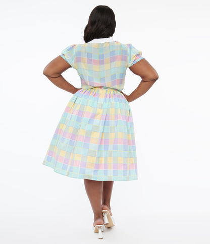 Hell Bunny Plus Size 1950s Pastel Check Cotton Skye Swing Skirt - Unique Vintage - Womens, BOTTOMS, SKIRTS