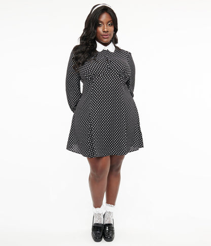 Hell Bunny Plus Size 1960s Black & White Polka Dot Naomi Mini Dress - Unique Vintage - Womens, DRESSES, BABYDOLL