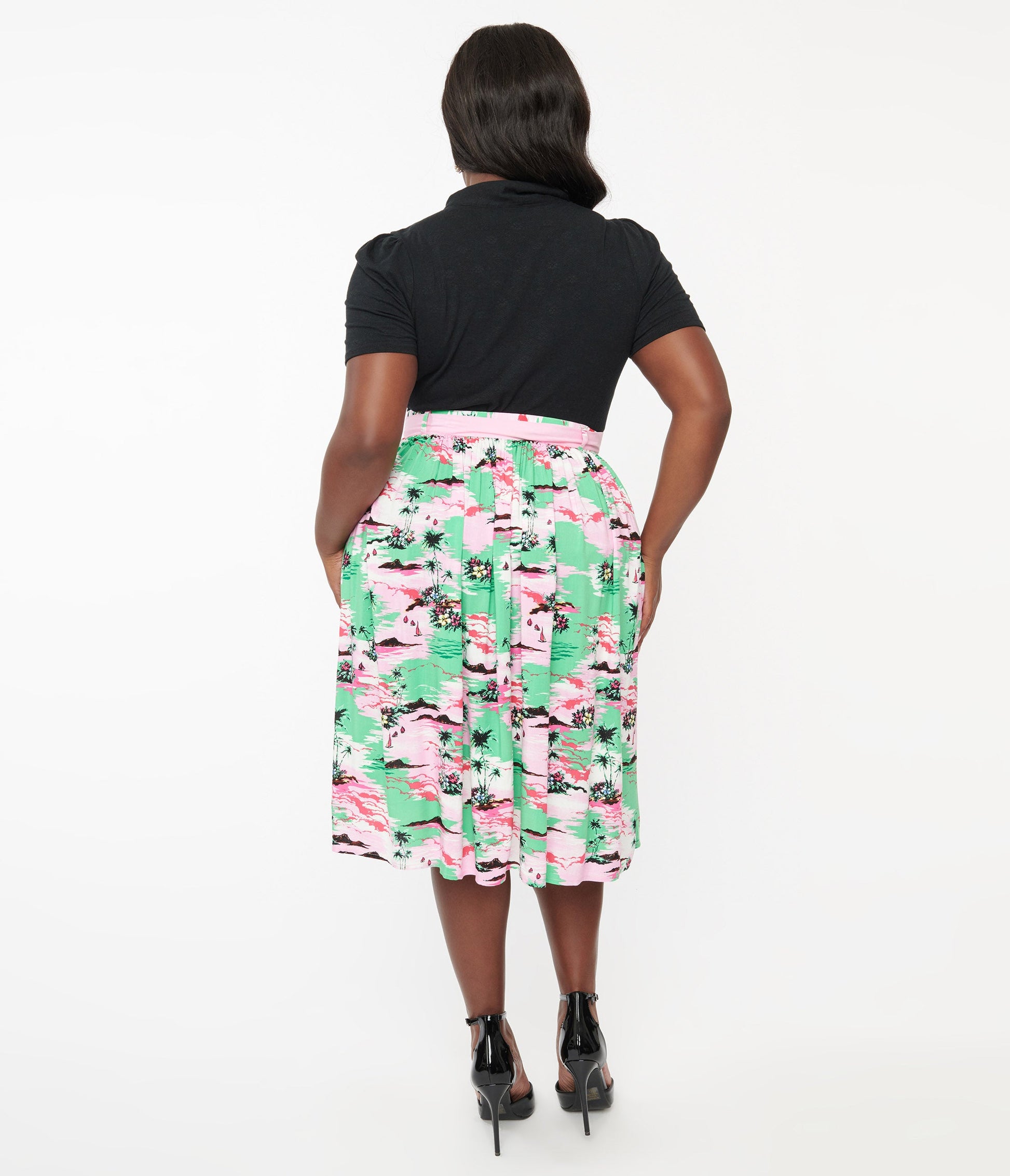 Hell Bunny Plus Size Pink & Green Tropical Print Midi Skirt - Unique Vintage - Womens, BOTTOMS, SKIRTS