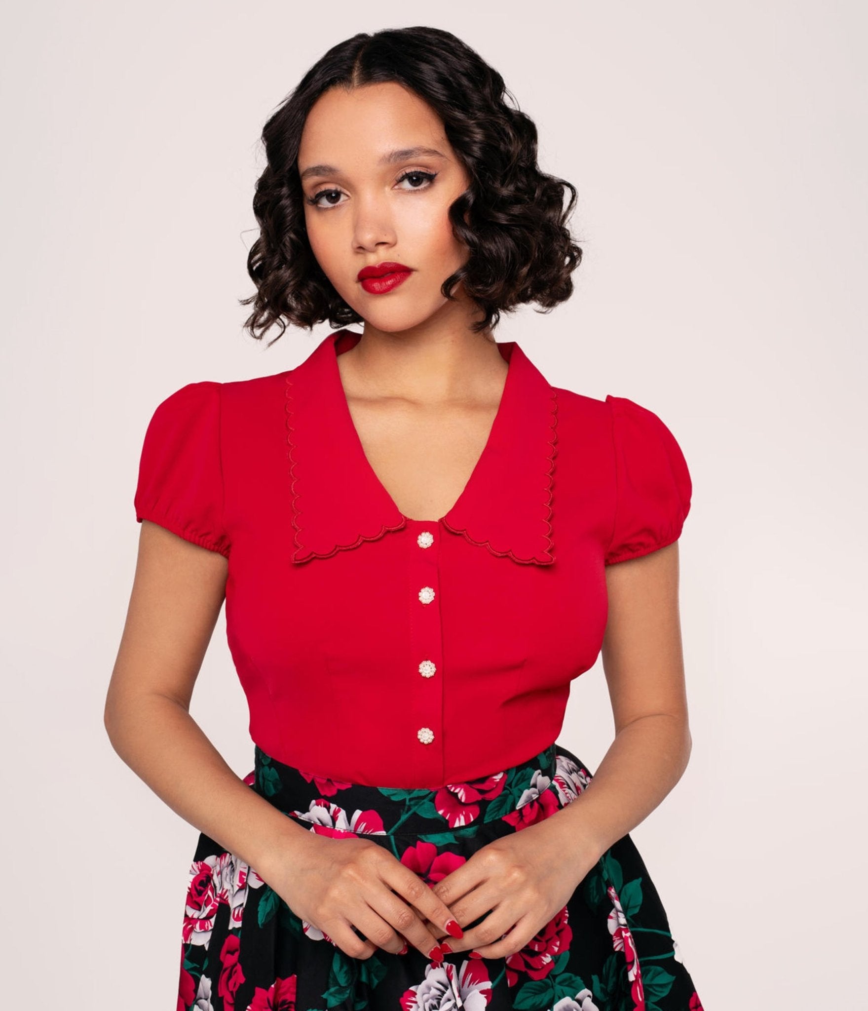 Hell Bunny Red Collared Button Up Blouse - Unique Vintage - Womens, TOPS, WOVEN TOPS