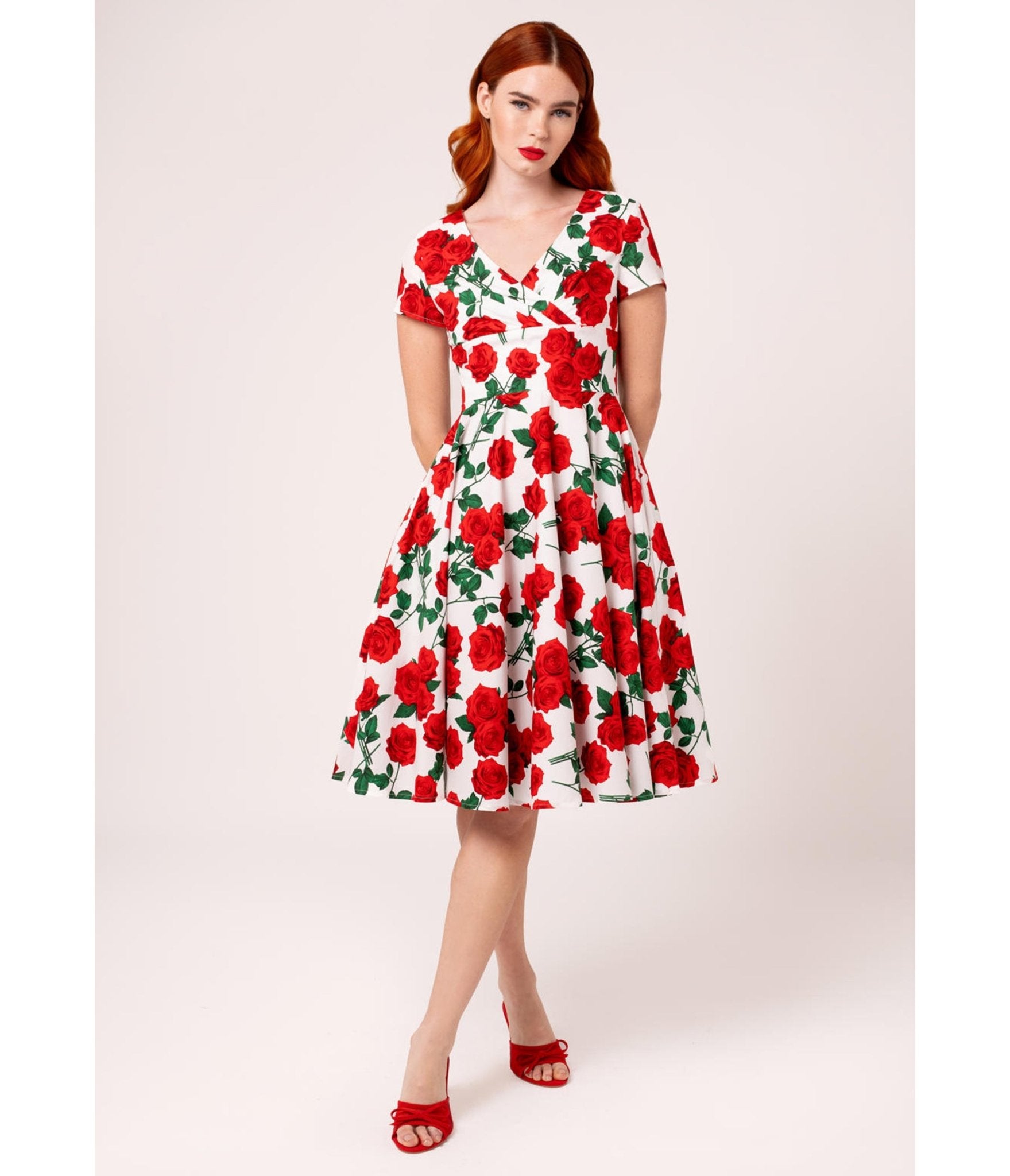 strapless open back dress Hell Bunny White & Red Roses Dolce Vita Swing Dress – Unique Vintage