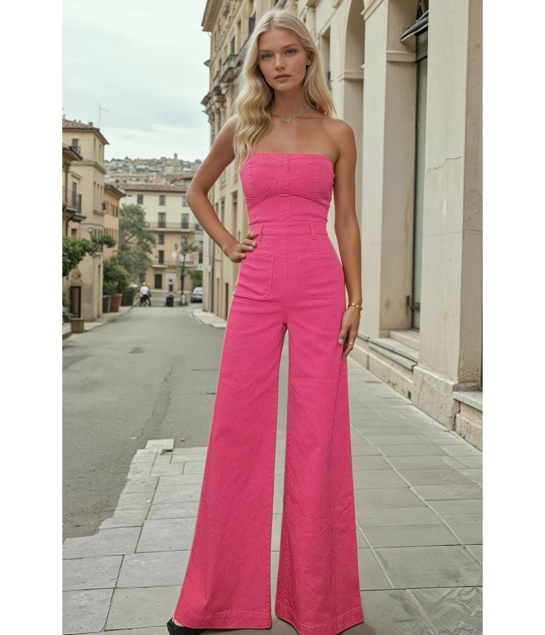 Hot Pink Denim Strapless Wide Leg Jumpsuit - Unique Vintage - Womens, BOTTOMS, ROMPERS AND JUMPSUITS