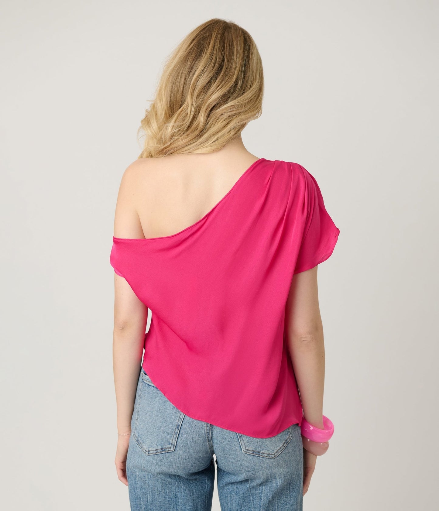 Hot Pink Off The Shoulder Satin Blouse - Unique Vintage - Womens, TOPS, WOVEN TOPS
