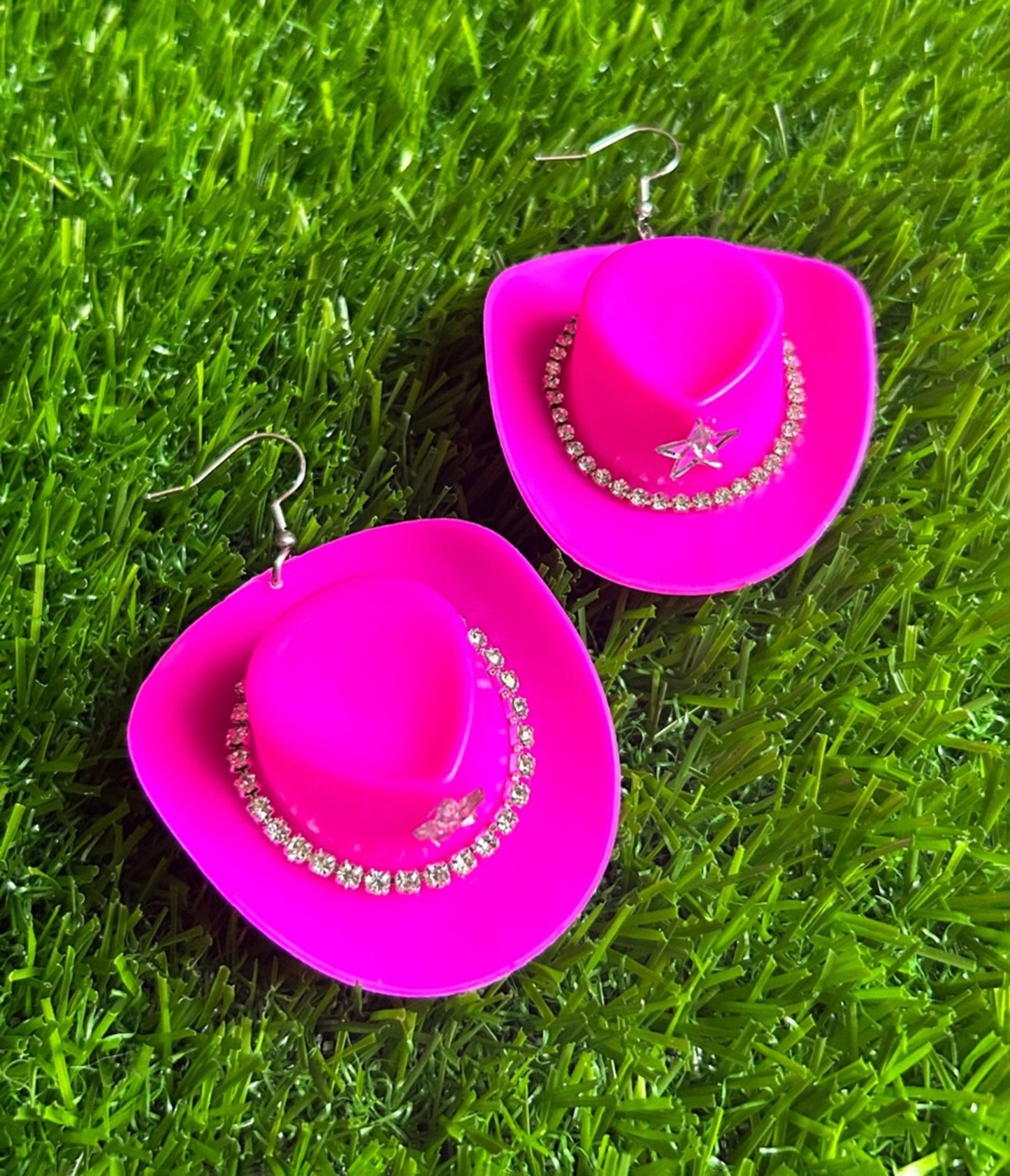 Hot Pink Rhinestone Cowboy Hat Earrings - Unique Vintage - Womens, ACCESSORIES, JEWELRY