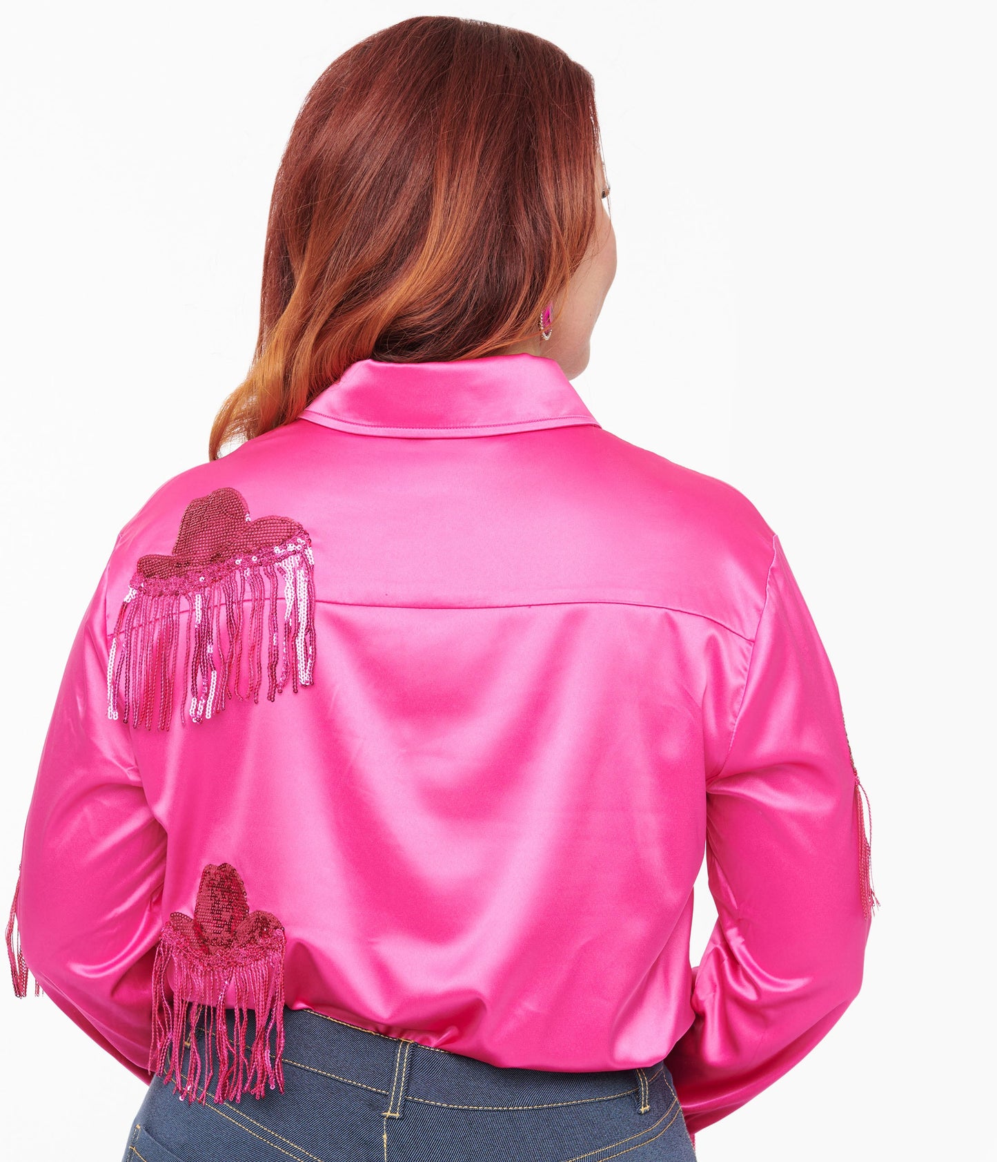 Hot Pink Western Hat Sequin Fringe Satin Blouse - Unique Vintage - Womens, TOPS, WOVEN TOPS