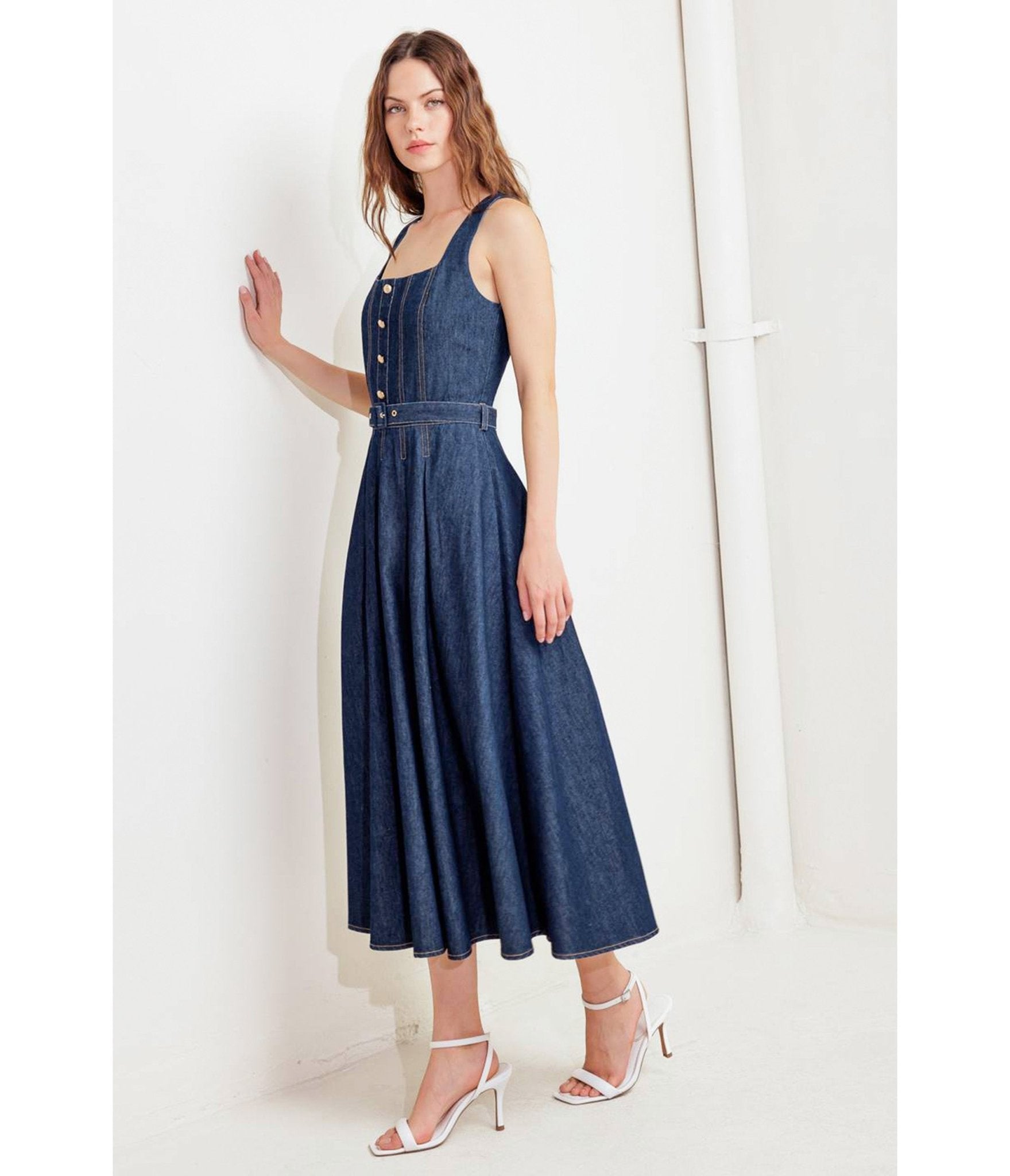 Indigo Denim Moonlight Serenade Midi Dress - Unique Vintage - Womens, DRESSES, MIDI