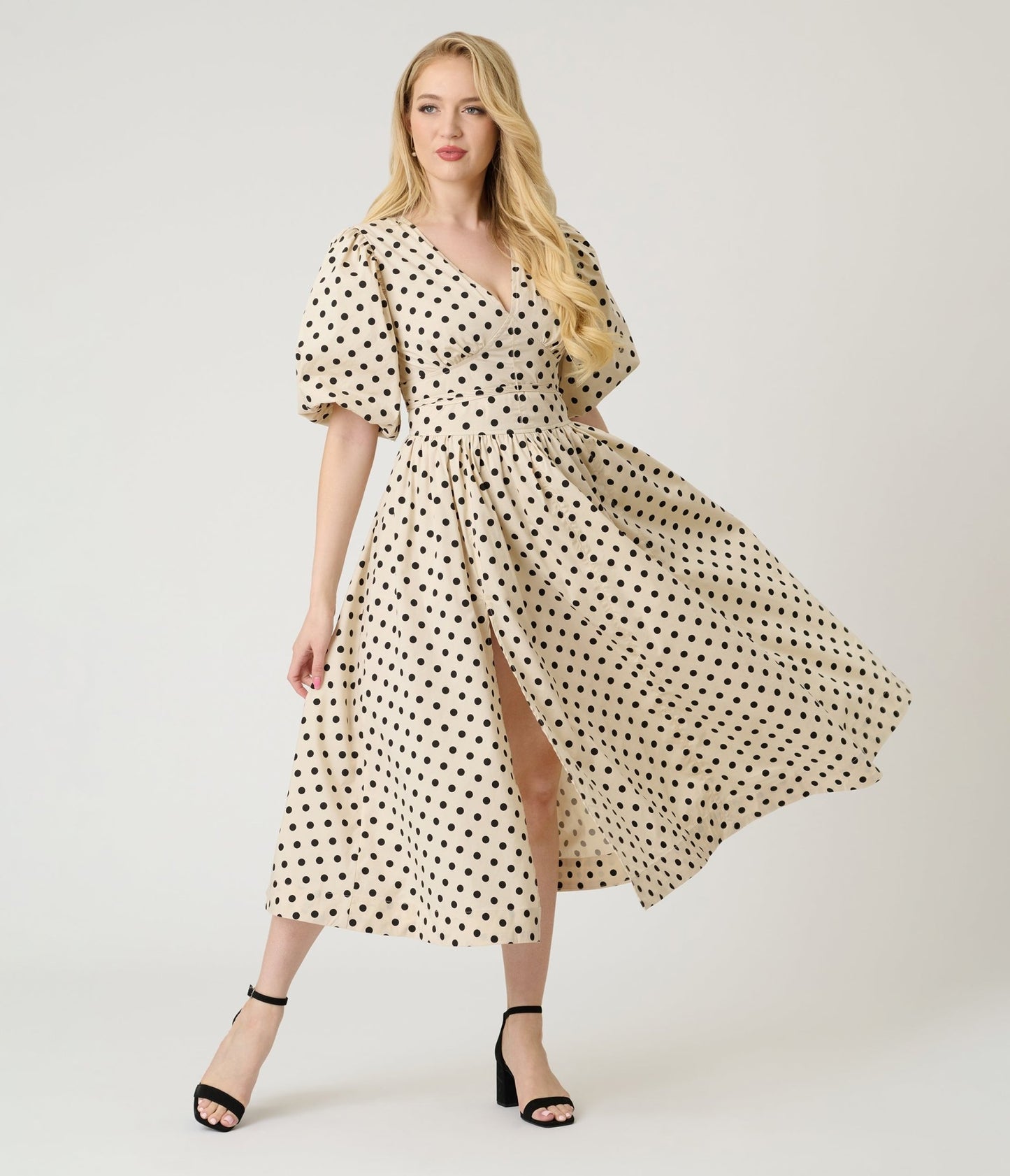 Ivory & Black Polka Dot Tie Waist Midi Dress - Unique Vintage - Womens, DRESSES, MIDI