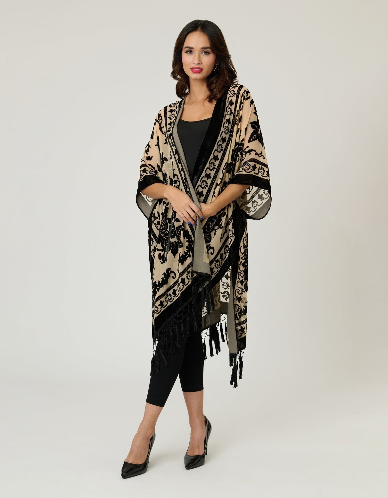 Ivory & Black Velvet Tapestry Tassel Kimono - Unique Vintage - Womens, TOPS, OUTERWEAR
