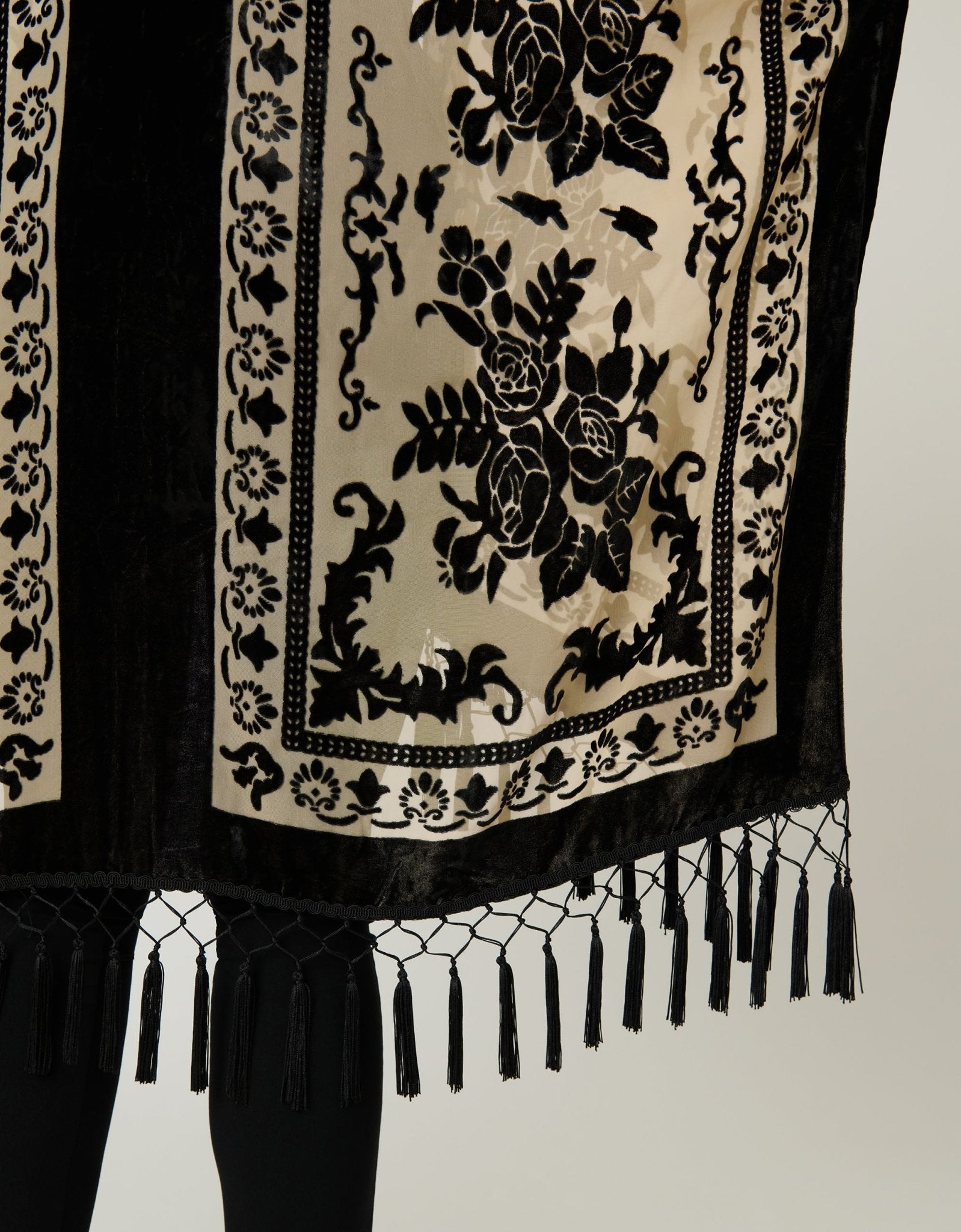 Ivory & Black Velvet Tapestry Tassel Kimono - Unique Vintage - Womens, TOPS, OUTERWEAR