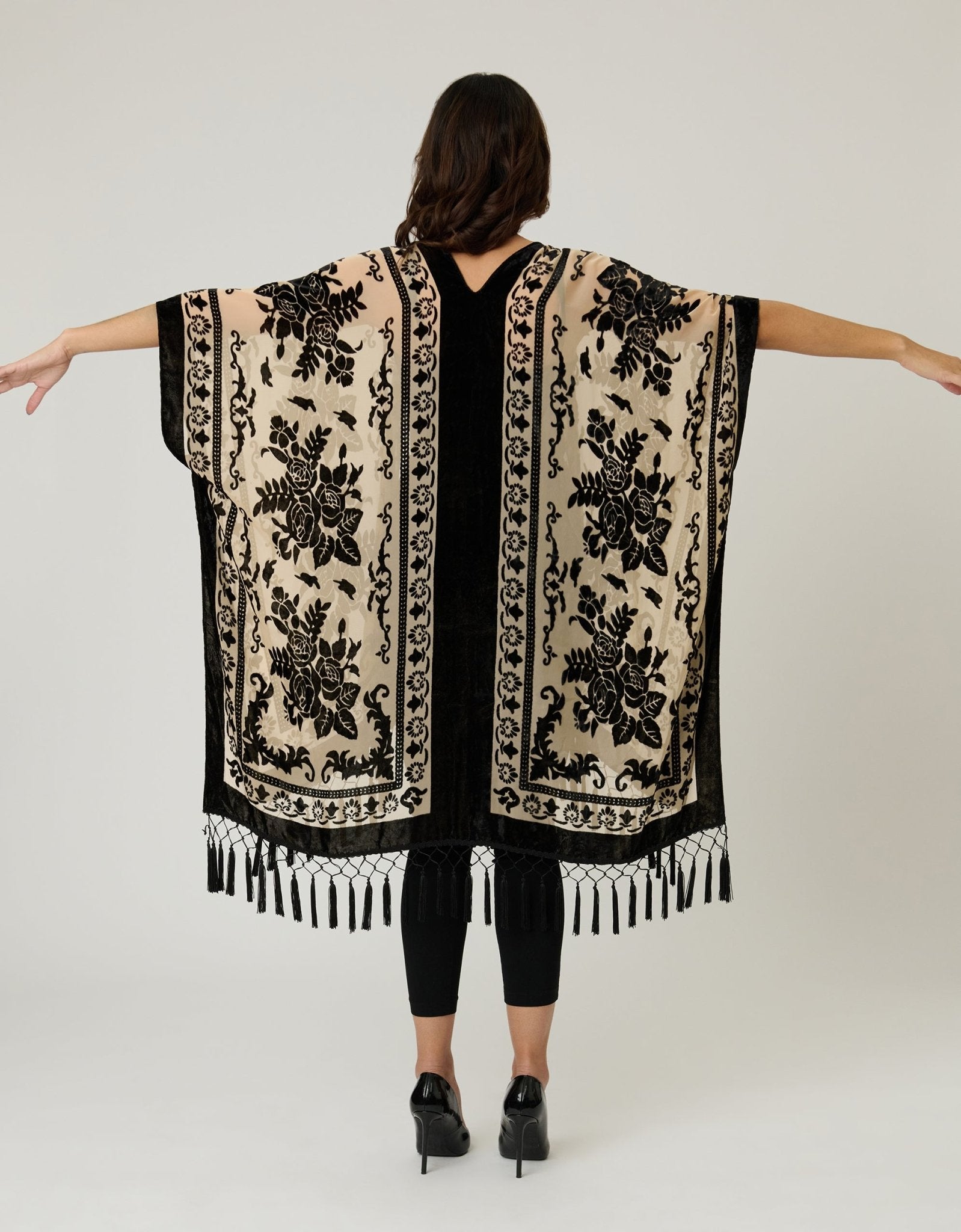 Ivory & Black Velvet Tapestry Tassel Kimono - Unique Vintage - Womens, TOPS, OUTERWEAR