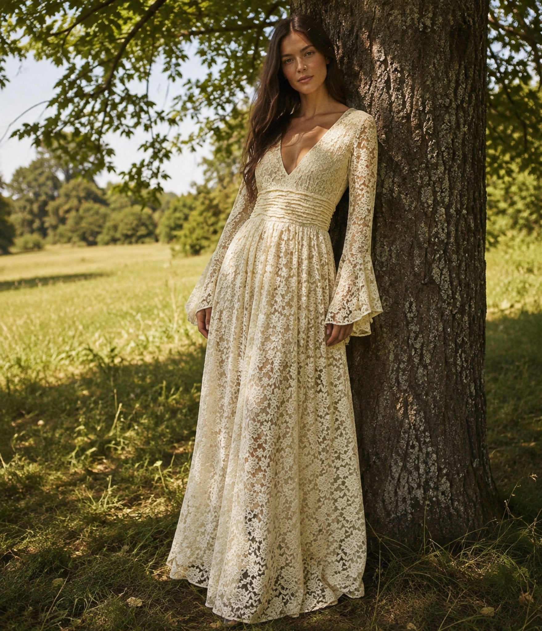 Ivory Lace Bell Sleeve Maxi Dress - Small