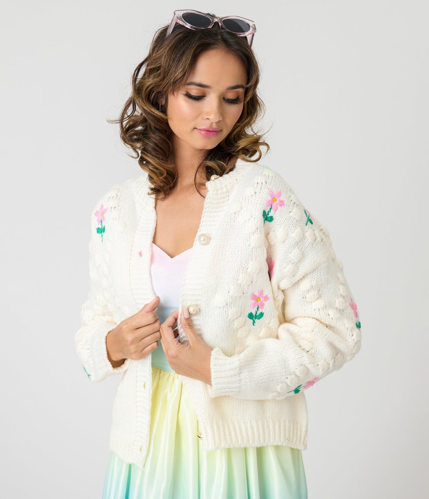 Ivory & Pink Floral Hand - Hooked Embroidered Knit Cardigan - Unique Vintage - Womens, TOPS, SWEATERS