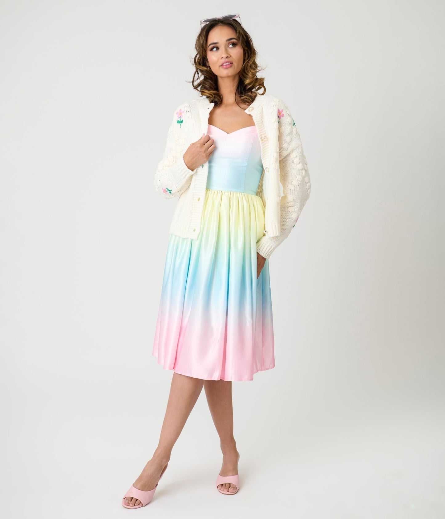 Ivory & Pink Floral Hand - Hooked Embroidered Knit Cardigan - Unique Vintage - Womens, TOPS, SWEATERS