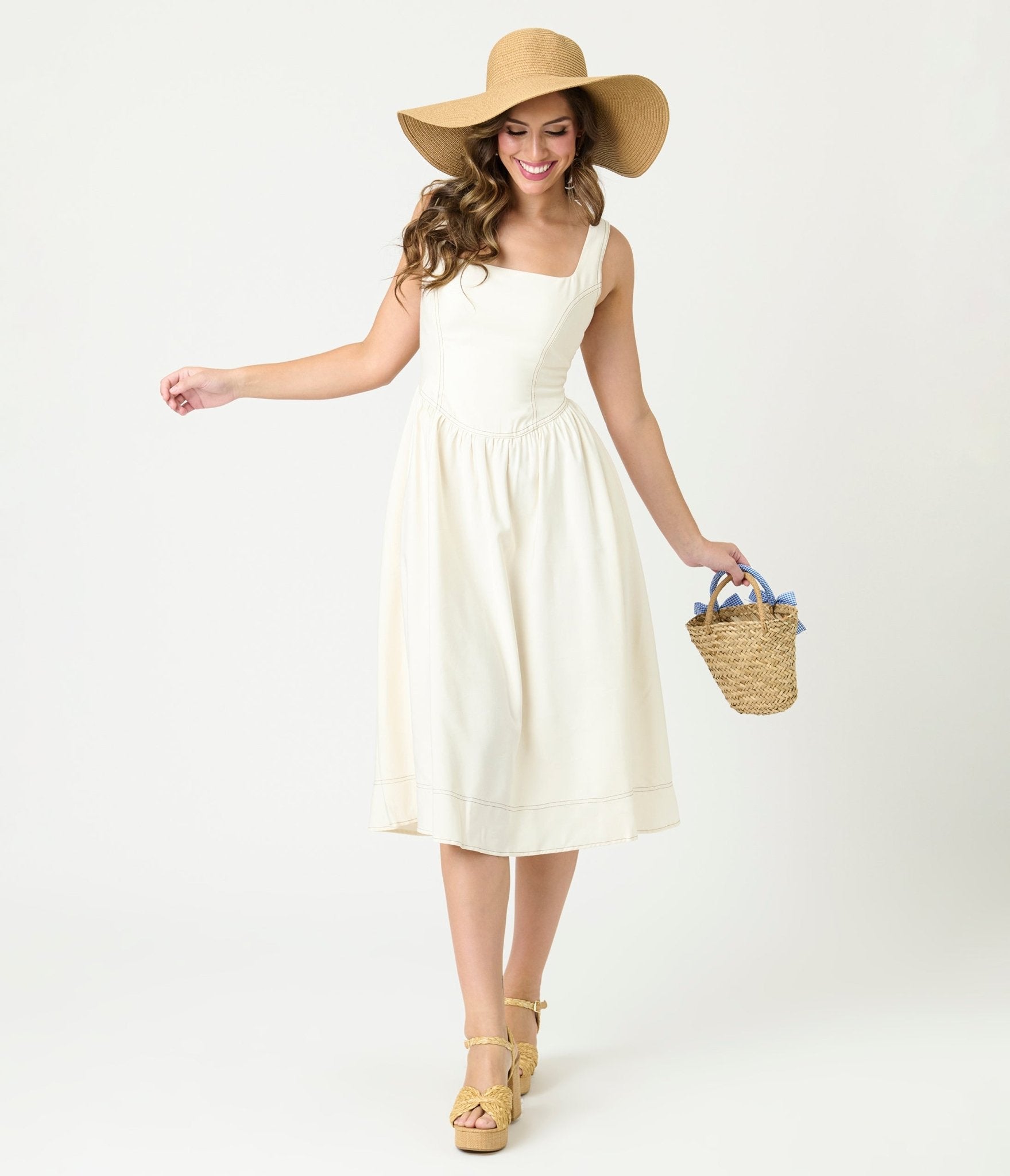 Ivory Sleeveless Square Neck Midi Dress - Unique Vintage - Womens, DRESSES, MIDI