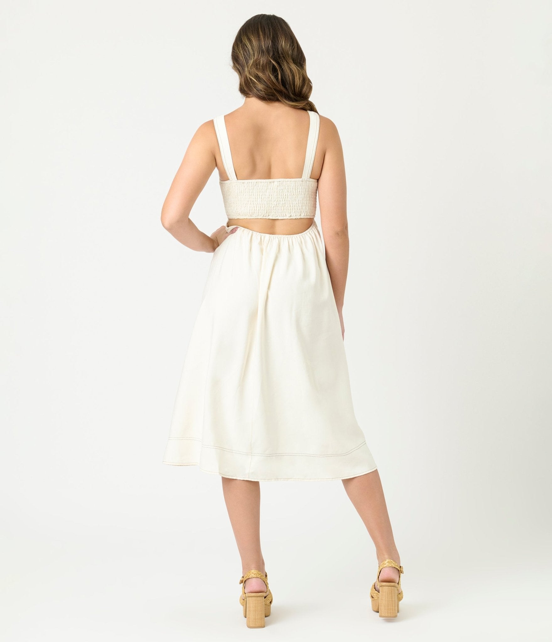 Ivory Sleeveless Square Neck Midi Dress - Unique Vintage - Womens, DRESSES, MIDI