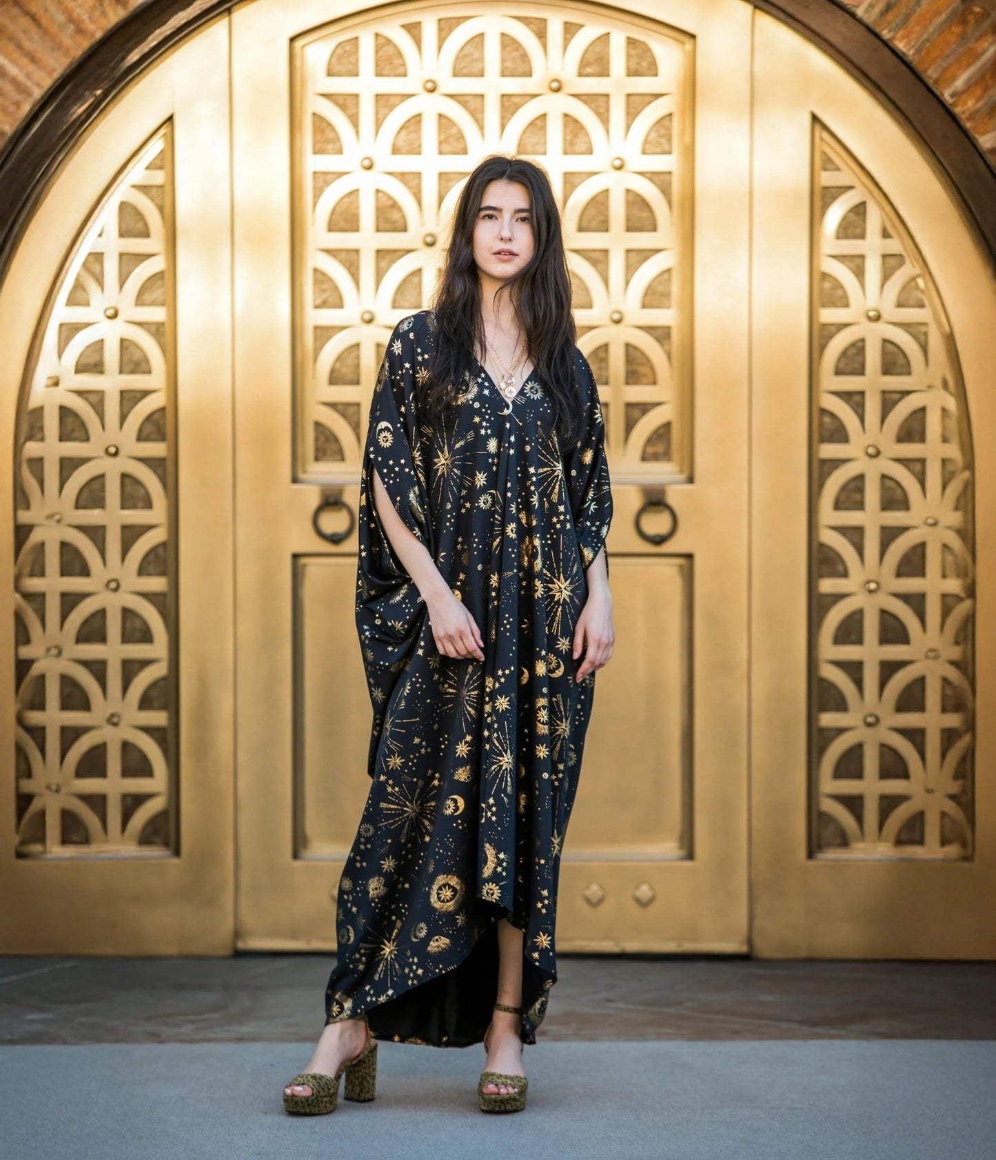 Jennafer Grace Black & Gold Celestia Caftan - Unique Vintage - Womens, DRESSES, CAFTAN