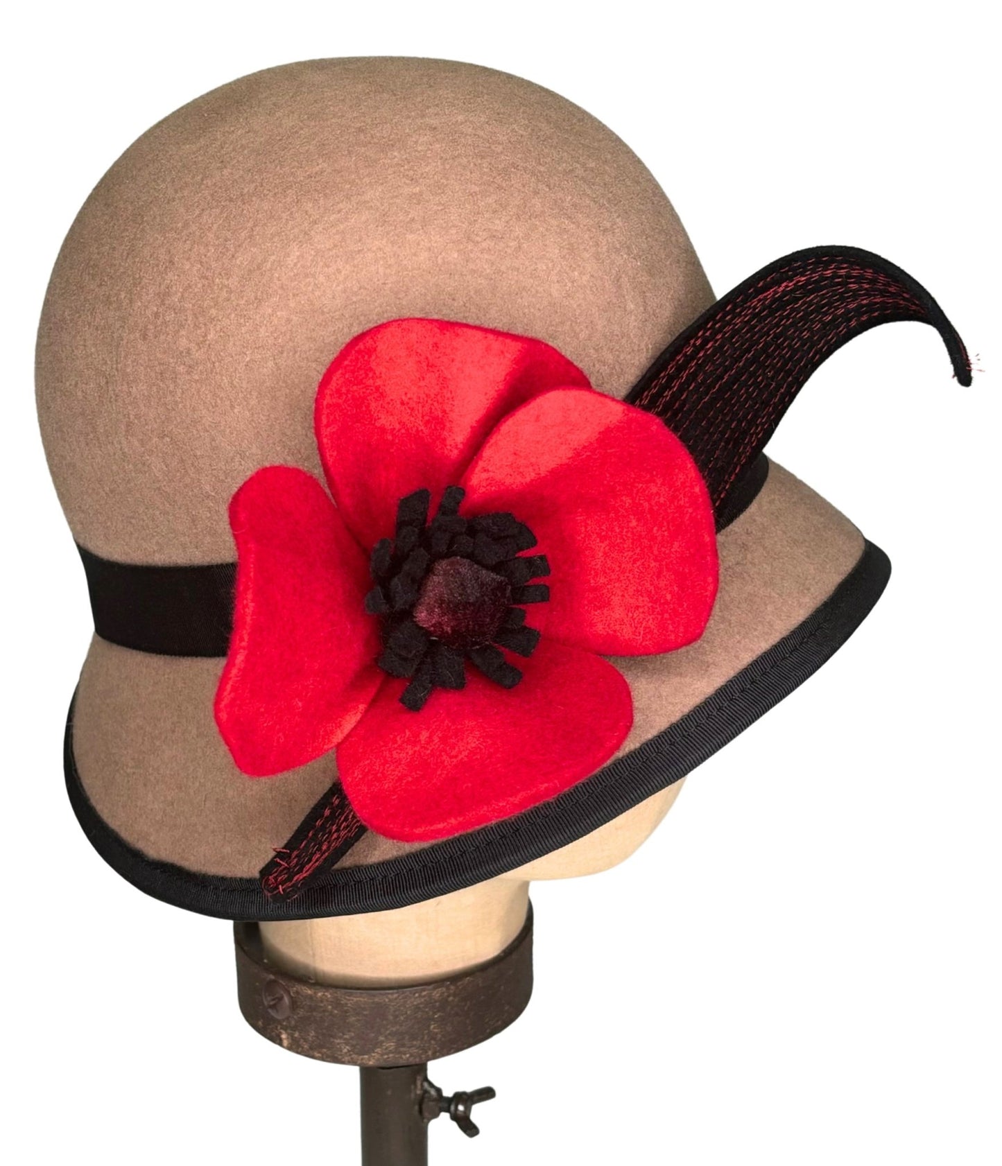 Kathy Jeanne Taupe & Red Flower Wool Cloche Hat - Unique Vintage - Womens, ACCESSORIES, HATS