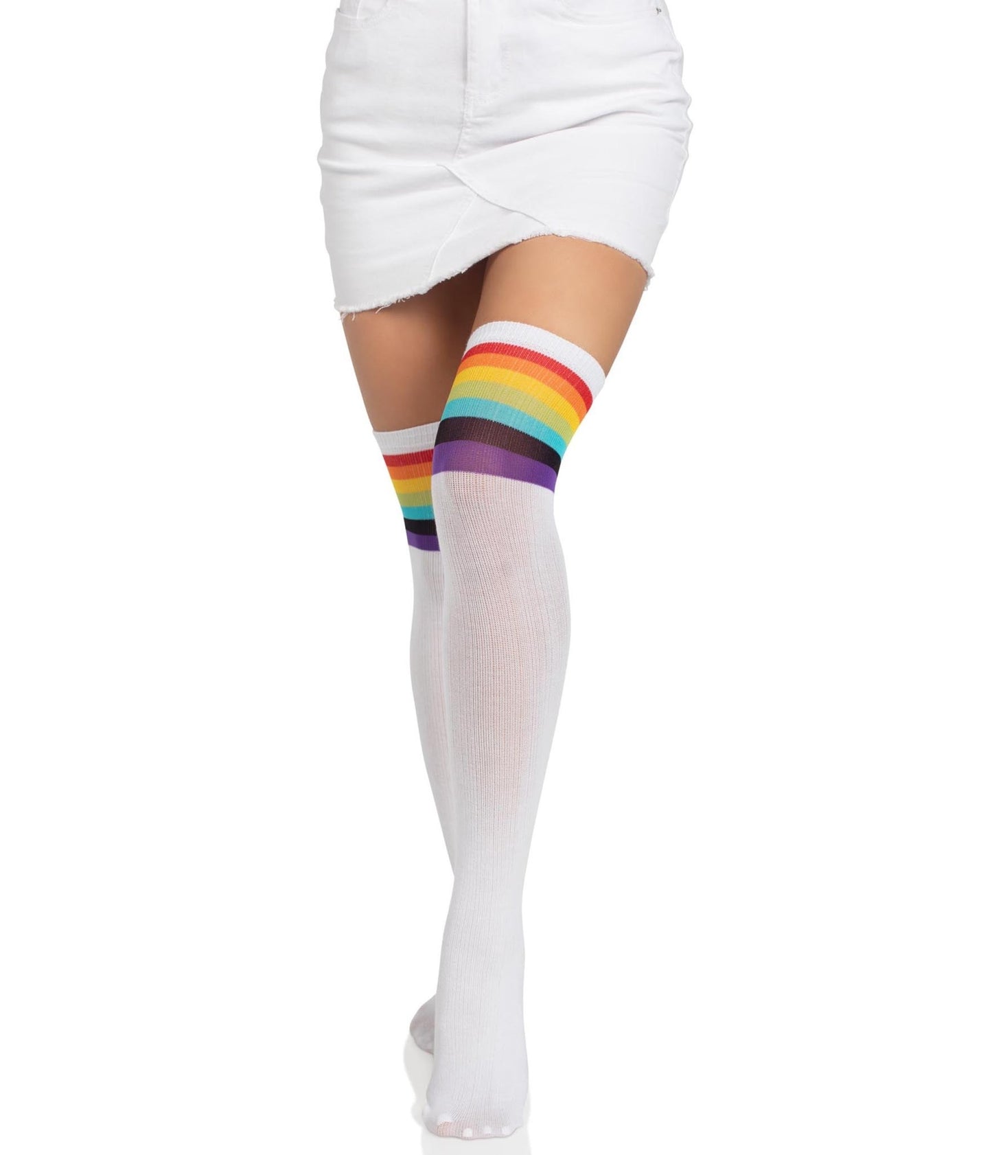 Leg Avenue Nia White & Rainbow Stripe Thigh High Stockings - Unique Vintage - Womens, ACCESSORIES, HOSIERY