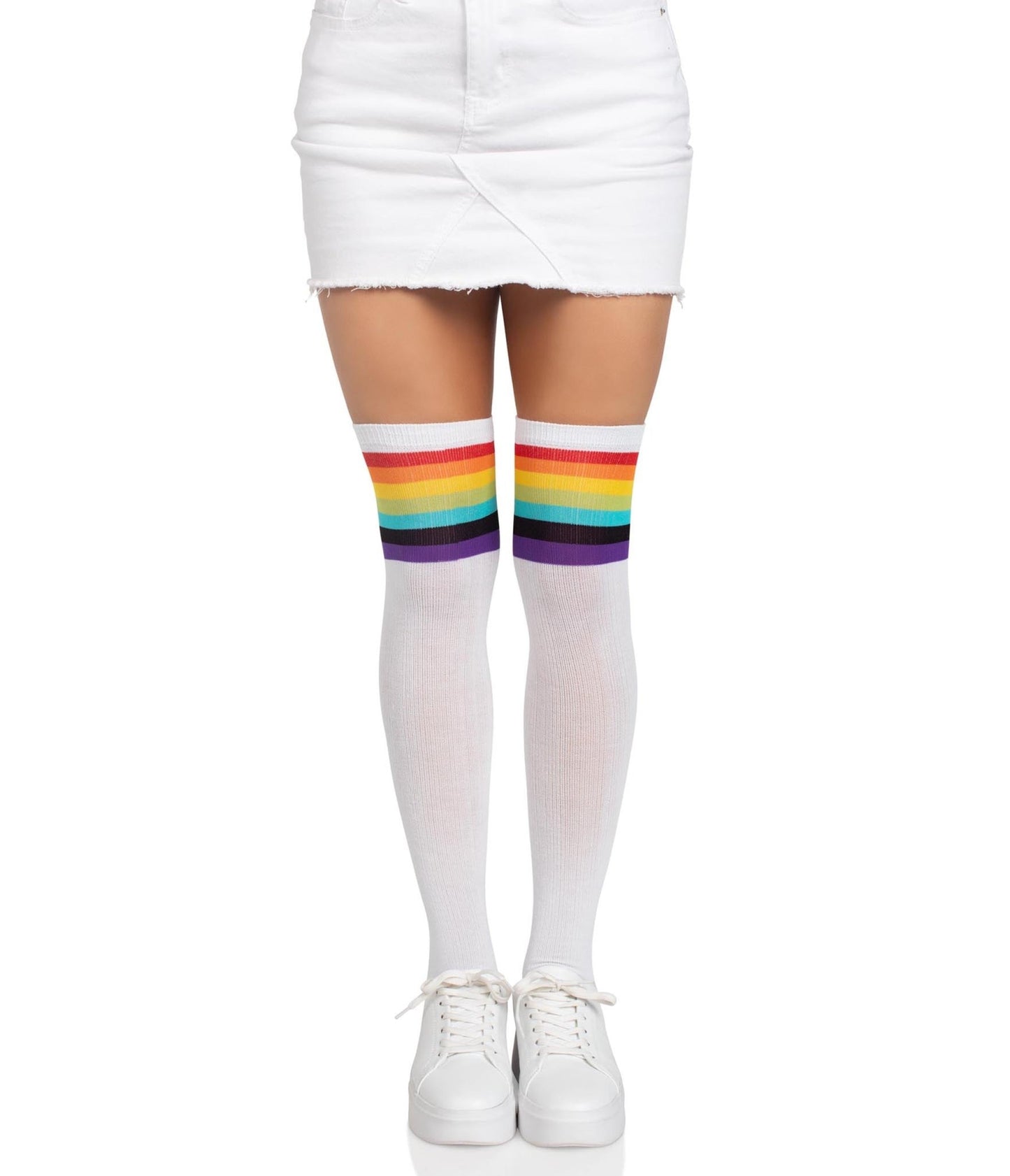 Leg Avenue Nia White & Rainbow Stripe Thigh High Stockings - Unique Vintage - Womens, ACCESSORIES, HOSIERY