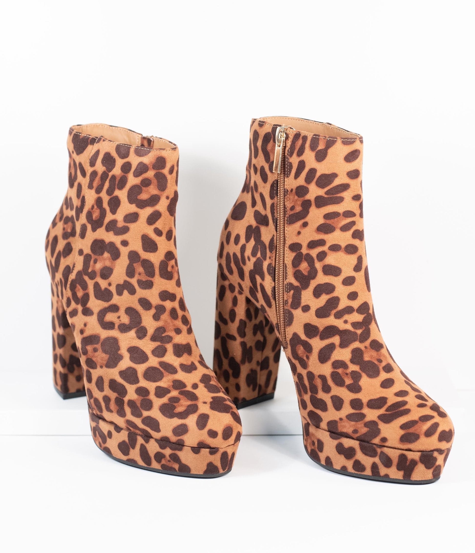 Leopard Print Suede Platform Heel Booties - Unique Vintage - Womens, SHOES, BOOTS
