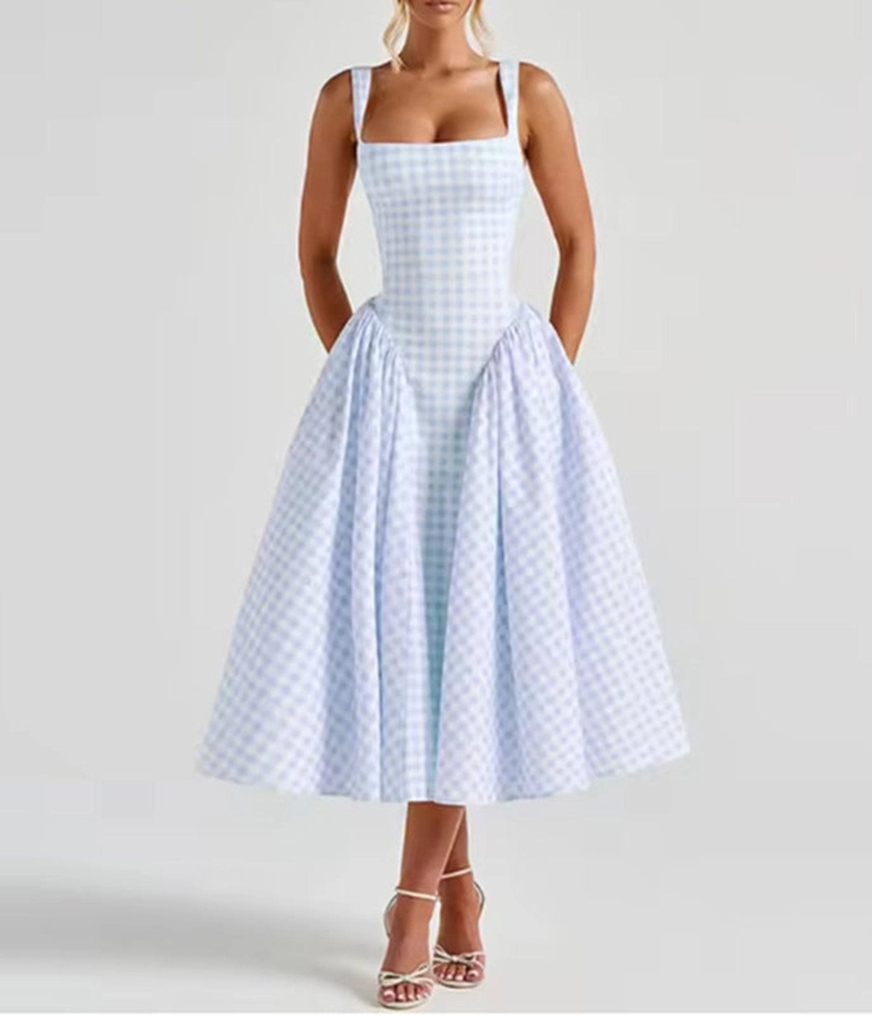 Light Blue Gingham Midi Dress  Unique Vintage