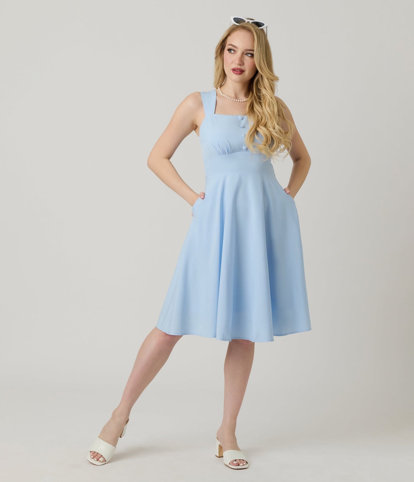 Light Blue Sleeveless Fit & Flare Dress - Unique Vintage - Womens, DRESSES, FIT AND FLARE