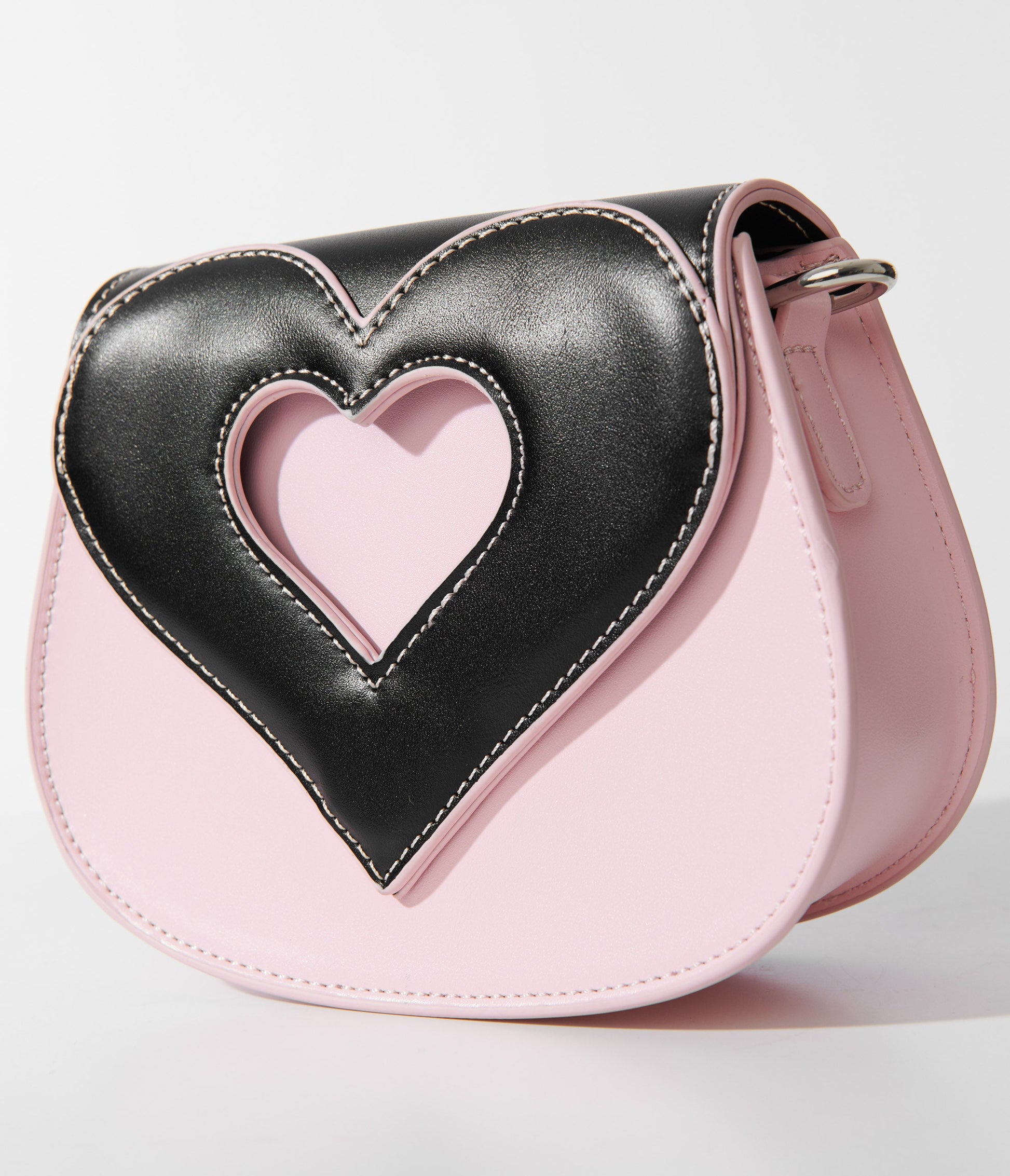 Light Pink & Black Heart Shaped Leatherette Crossbody Bag - Unique Vintage - Womens, ACCESSORIES, HANDBAGS