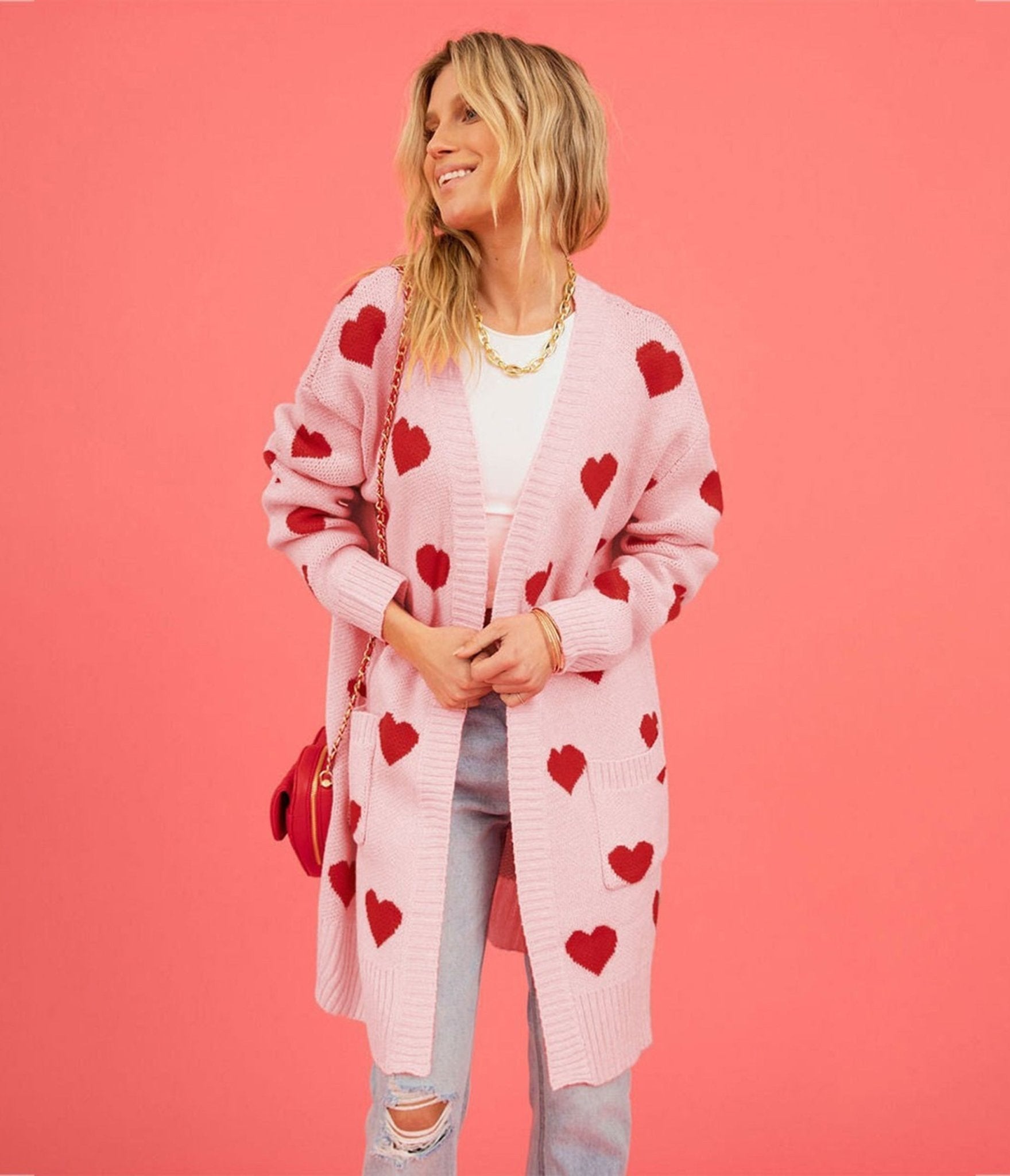 Light Pink & Red Heart Long Cardigan – Unique Vintage