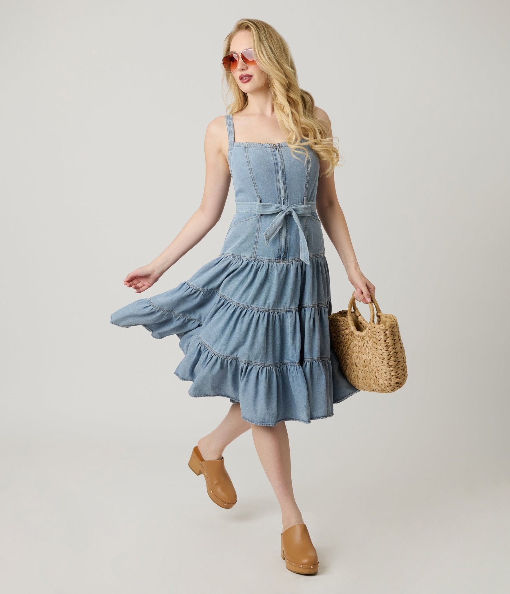 Light Wash Denim Tiered Midi Dress - Unique Vintage - Womens, DRESSES, FIT AND FLARE