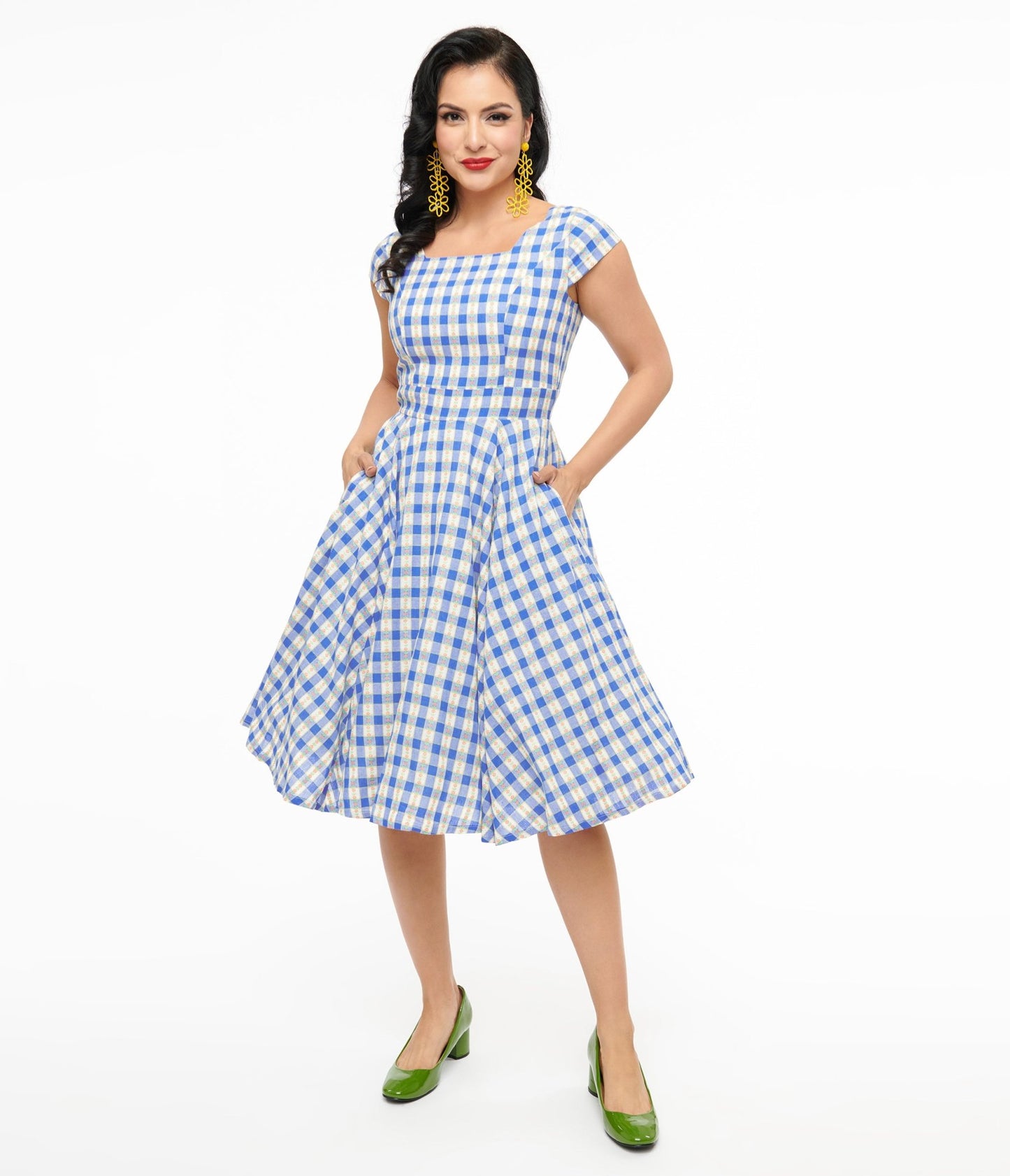 Magnolia Place 1950s Blue Floral Gingham Anna Swing Dress - Unique Vintage - Womens, DRESSES, SWING