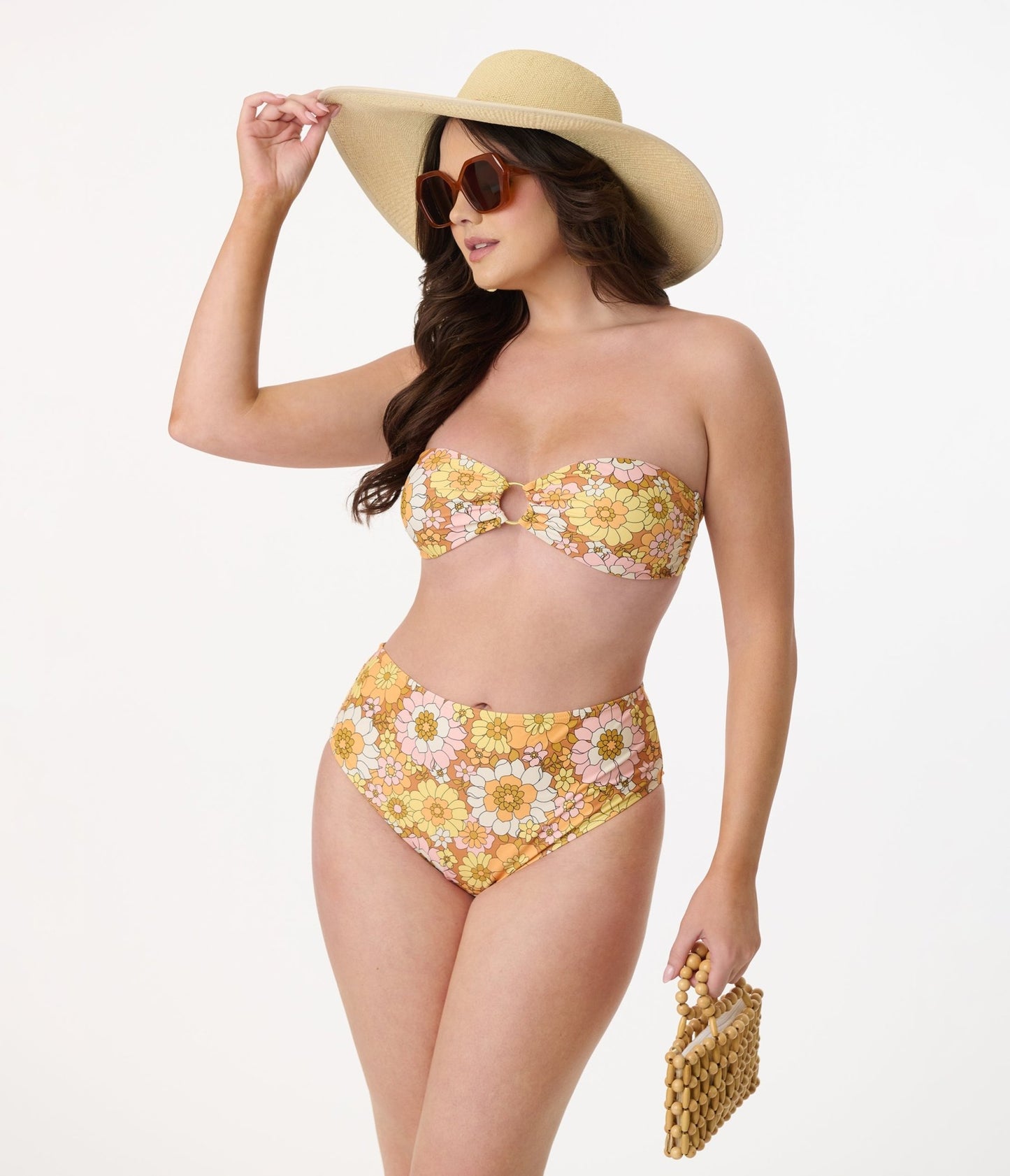 Magnolia Place 1970s Mustard Floral Print Two Piece Swimsuit - Unique Vintage - Womens, SWIM, TOP