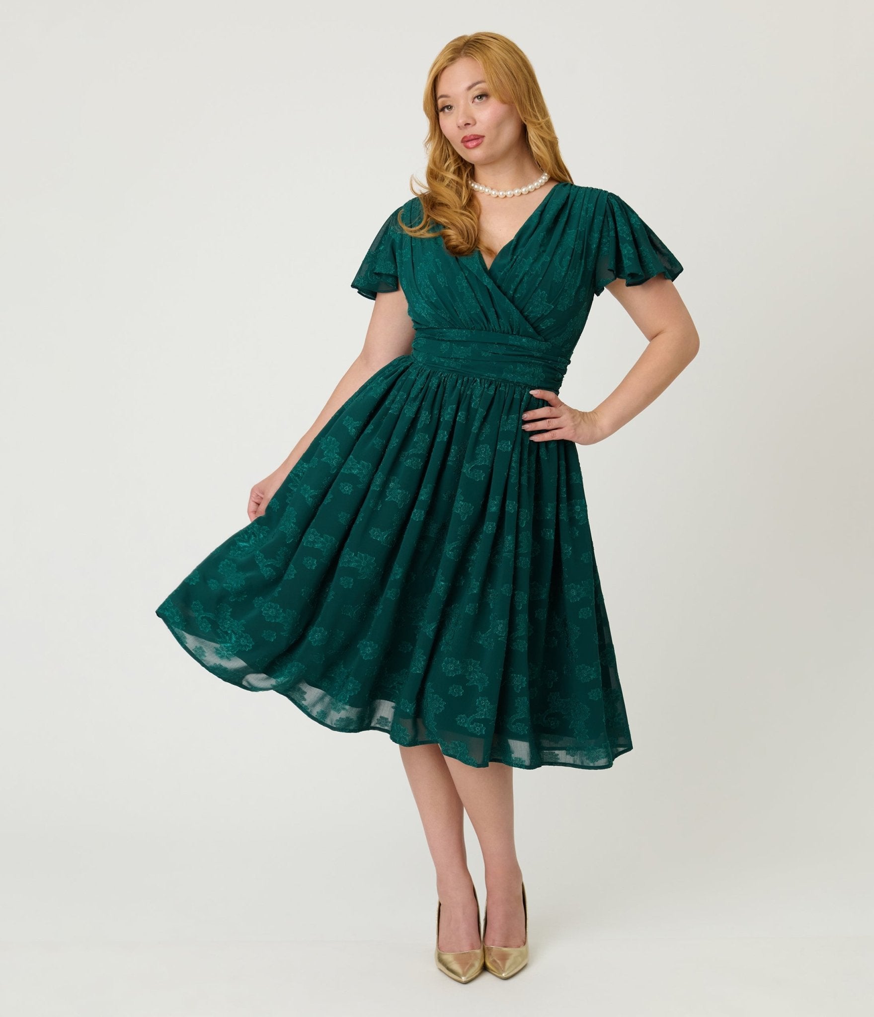 Magnolia Place Emerald Floral Jacquard Midori Swing Dress Unique Vintage Magnolia Place Emerald Floral Jacquard Midori Swing Dress Unique Vintage