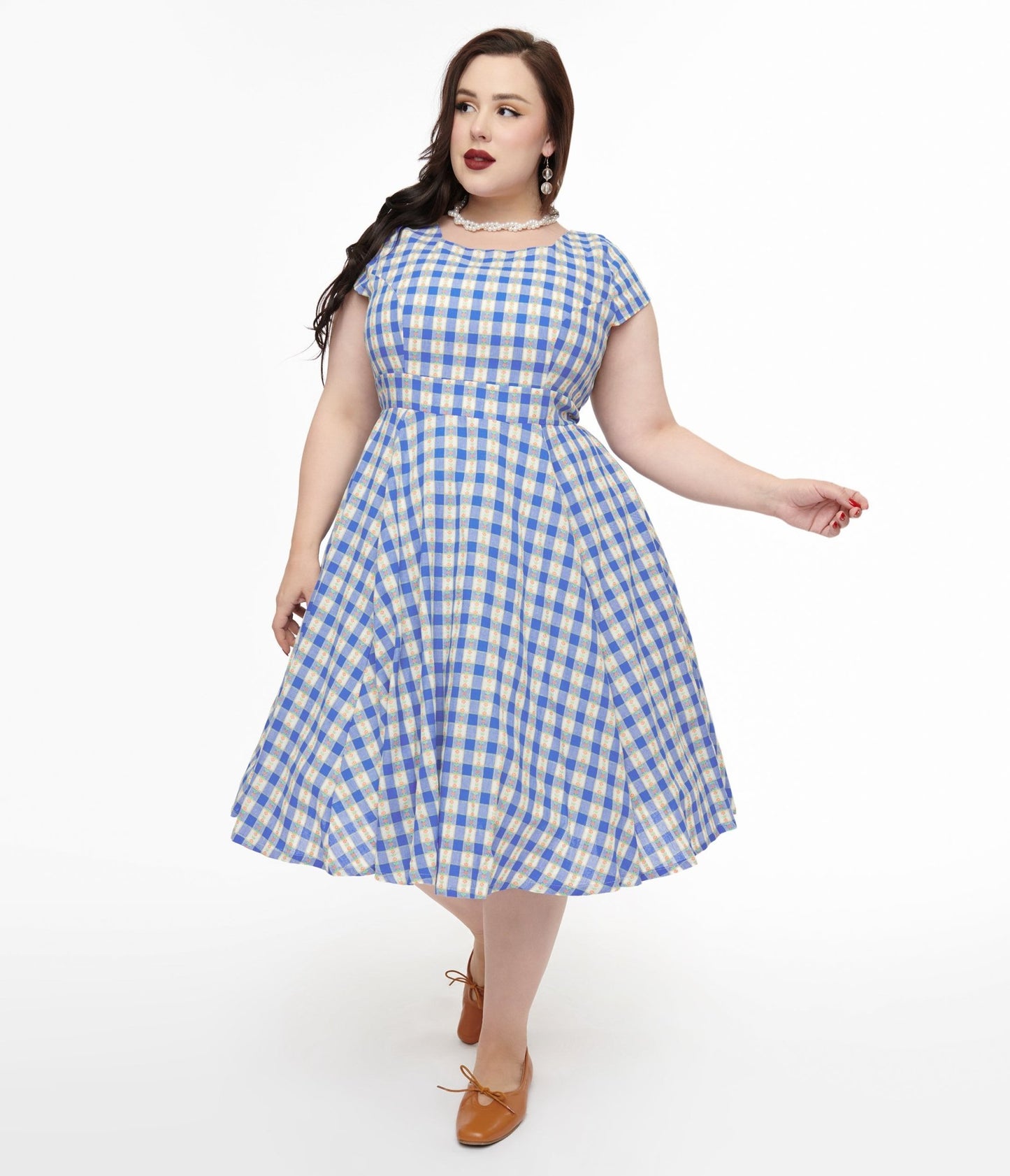 Magnolia Place Plus Size 1950s Blue Floral Gingham Anna Swing Dress - Unique Vintage - Womens, DRESSES, SWING