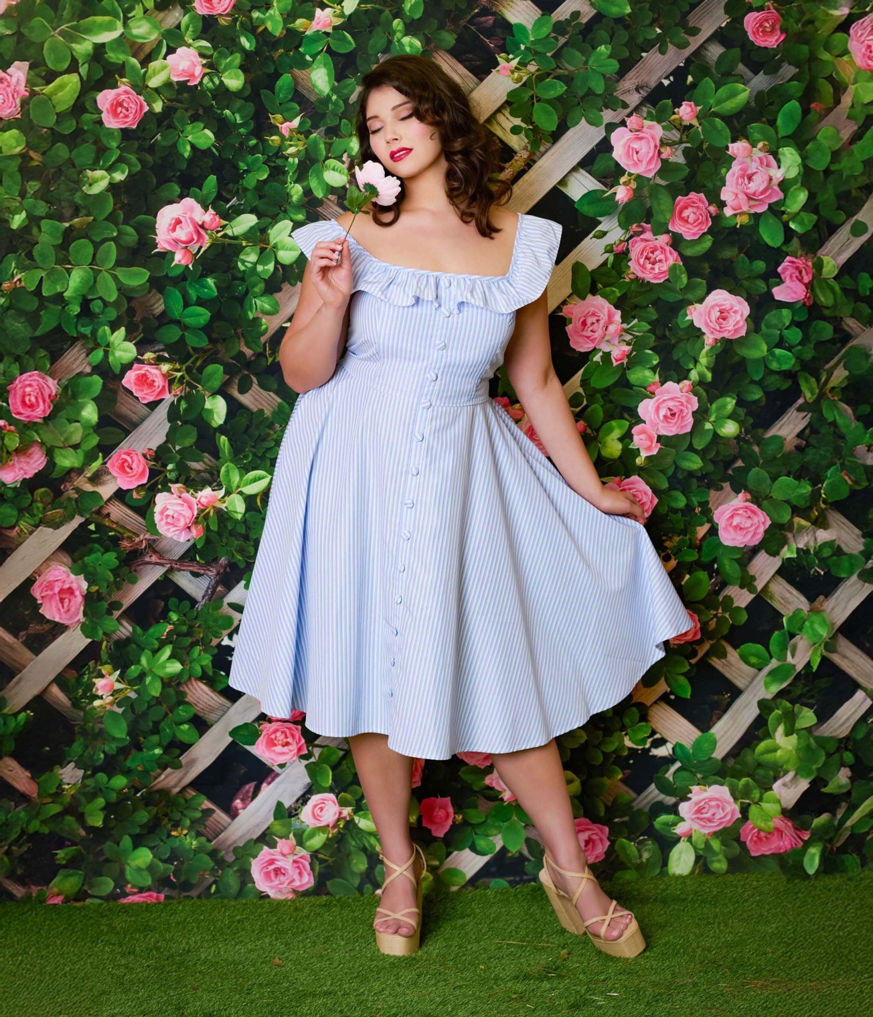 Magnolia Place Plus Size 1950s Blue & White Stripe Barbara Swing Dress - Unique Vintage - Womens, DRESSES, SWING