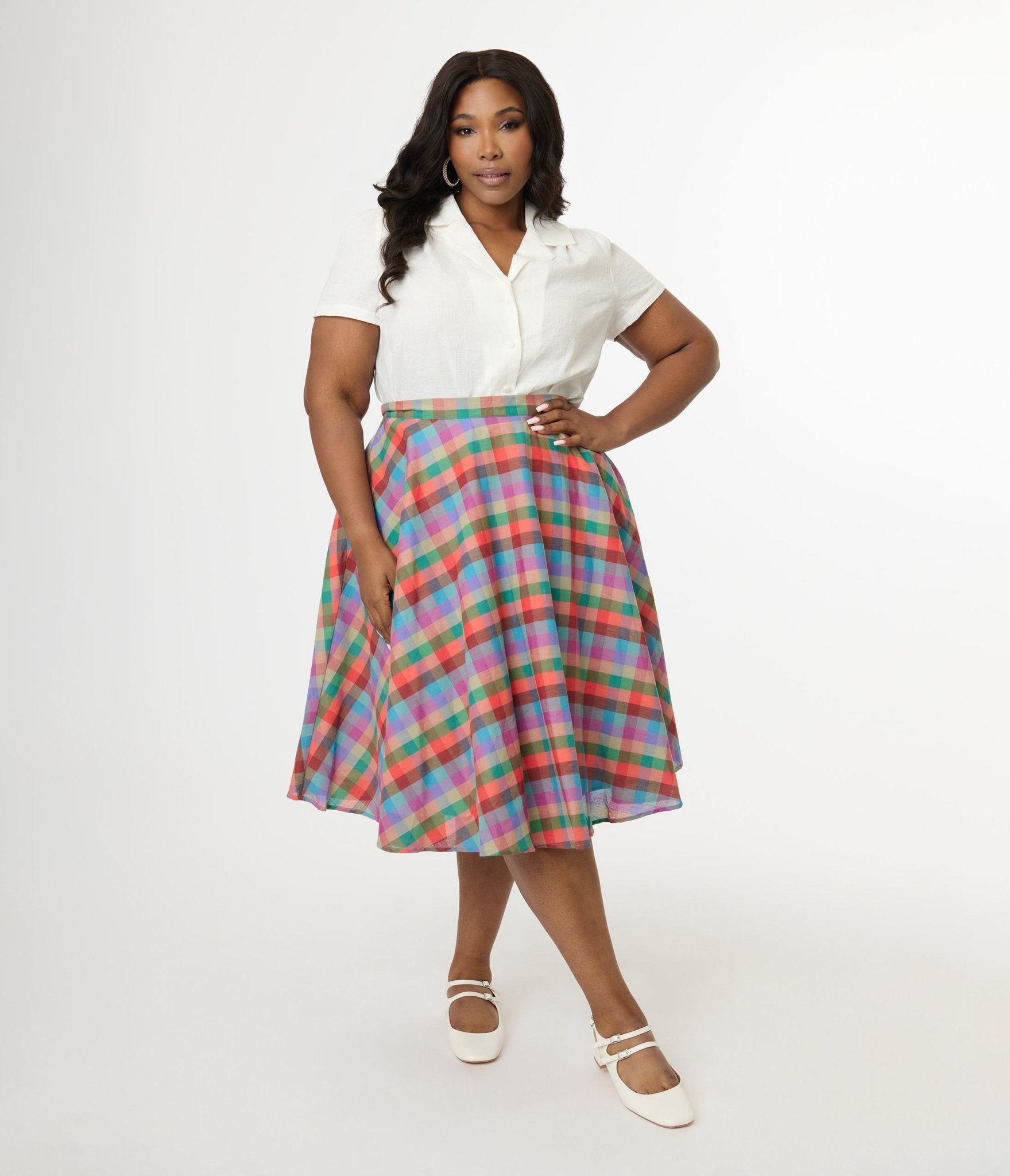 Magnolia Place Plus Size 1950s Multicolor Madras Plaid Cotton Sally Swing Skirt - Unique Vintage - Womens, BOTTOMS, SKIRTS