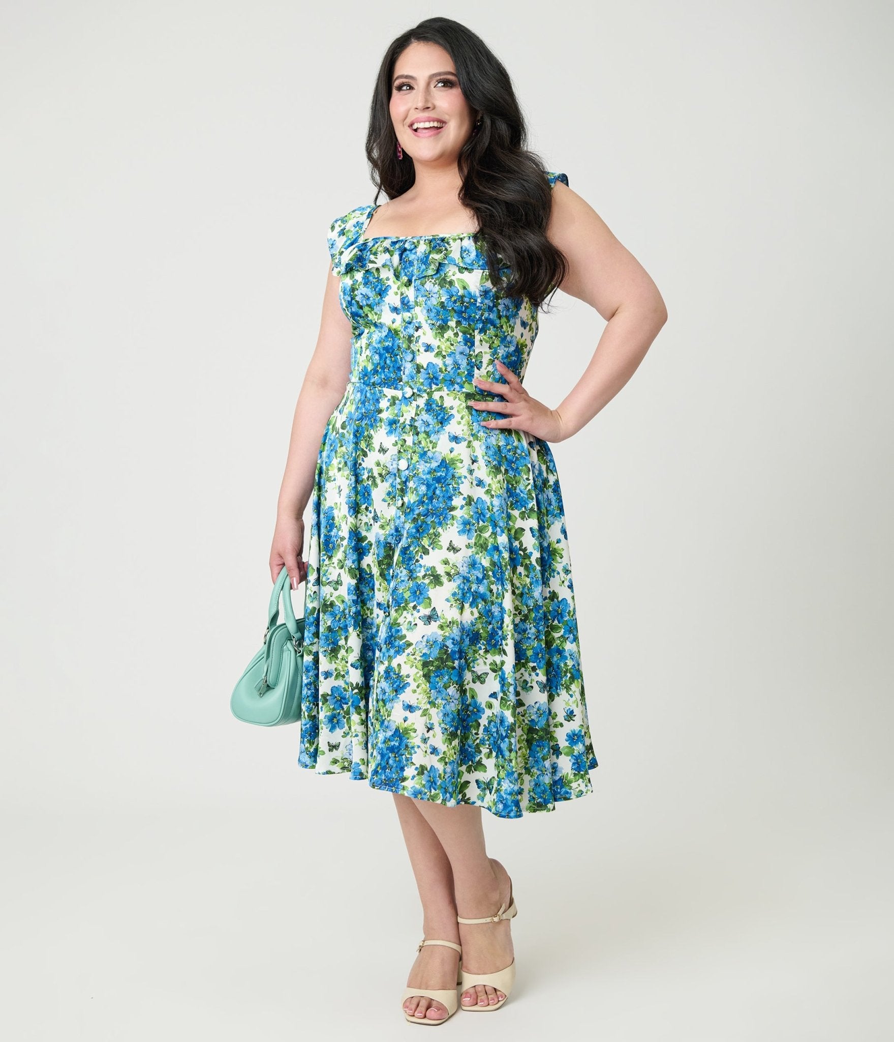 plus size floral dress Magnolia Place Blue Barbara Swing – Unique Vintage What to Wear Hiking so feminine floral to Spaghetti strap Waist Size:52