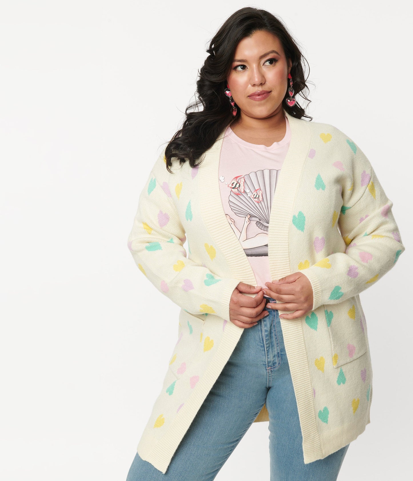 Magnolia Place Plus Size Cream & Pastel Hearts Cardigan - Unique Vintage - Womens, TOPS, SWEATERS