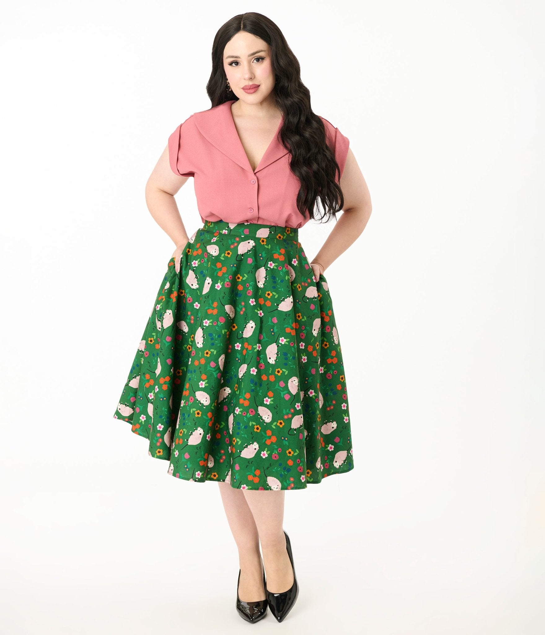 Magnolia Place Plus Size Green Awesome Opossum Sally Swing Skirt - Unique Vintage - Womens, BOTTOMS, SKIRTS