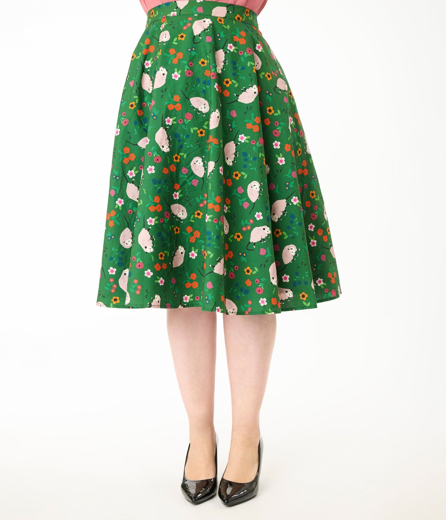 Magnolia Place Plus Size Green Awesome Opossum Sally Swing Skirt - Unique Vintage - Womens, BOTTOMS, SKIRTS
