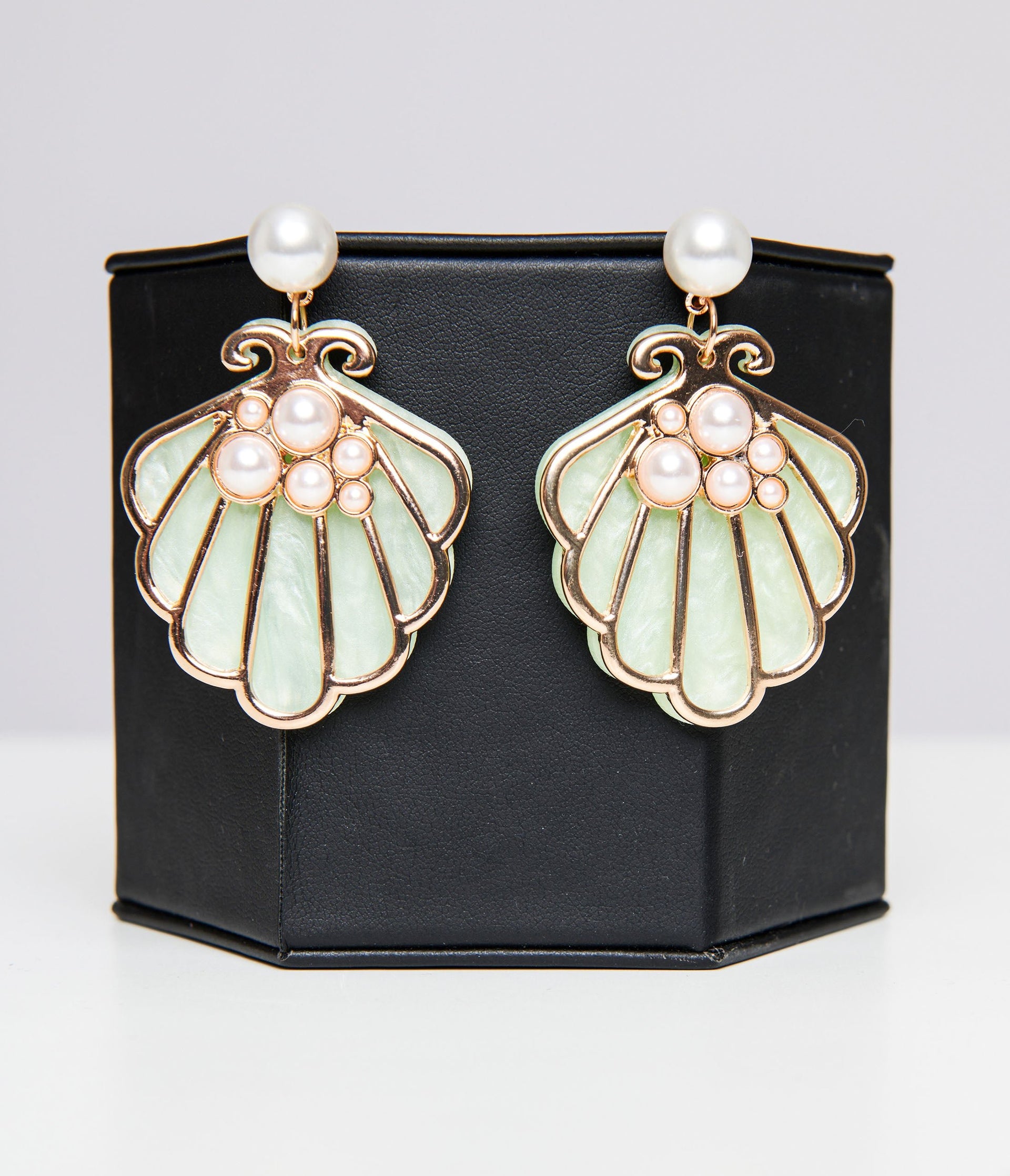Mint Green & Gold Faux Pearl Shell Drop Earrings - Unique Vintage - Womens, ACCESSORIES, JEWELRY