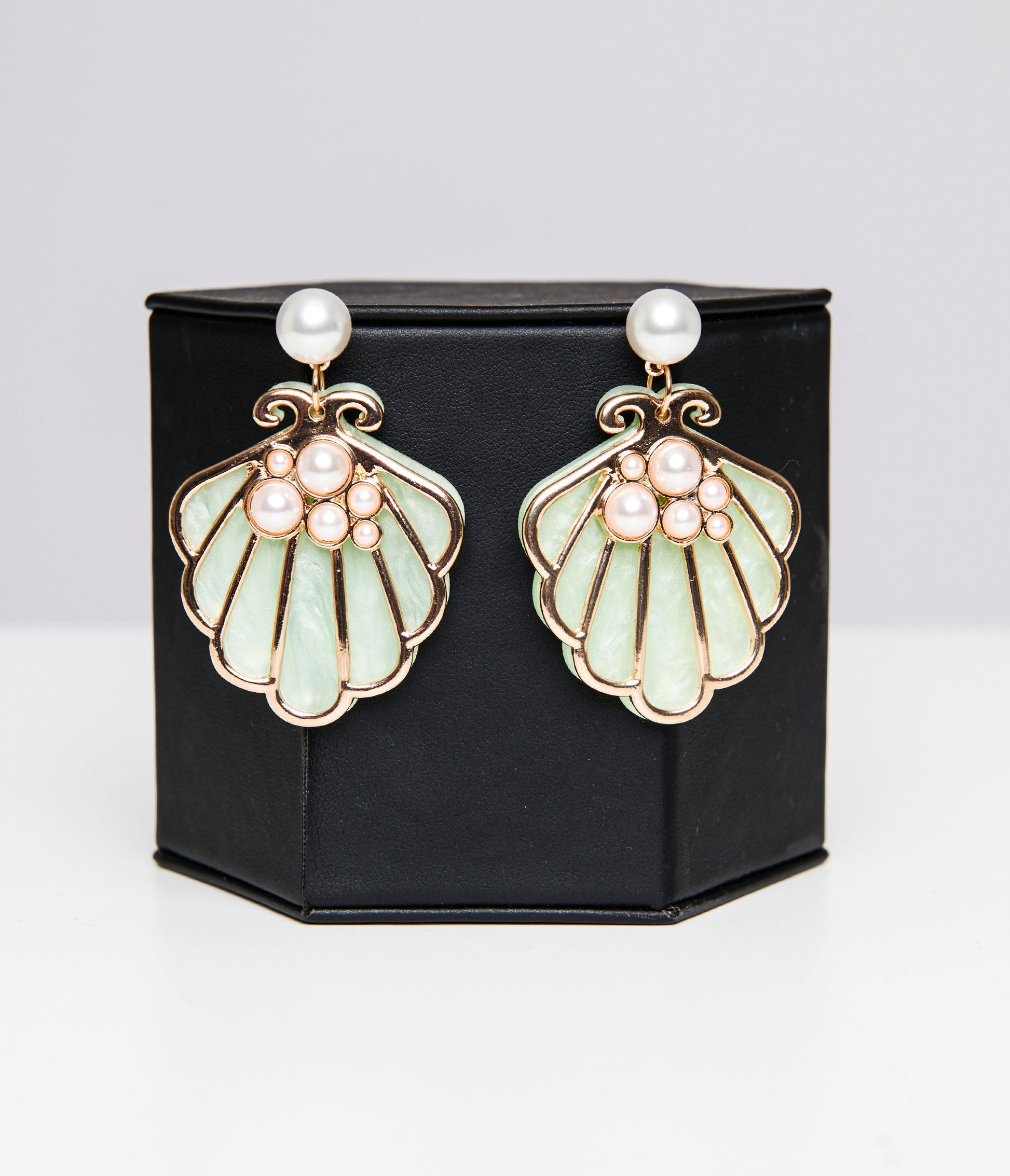 Mint Green & Gold Faux Pearl Shell Drop Earrings - Unique Vintage - Womens, ACCESSORIES, JEWELRY